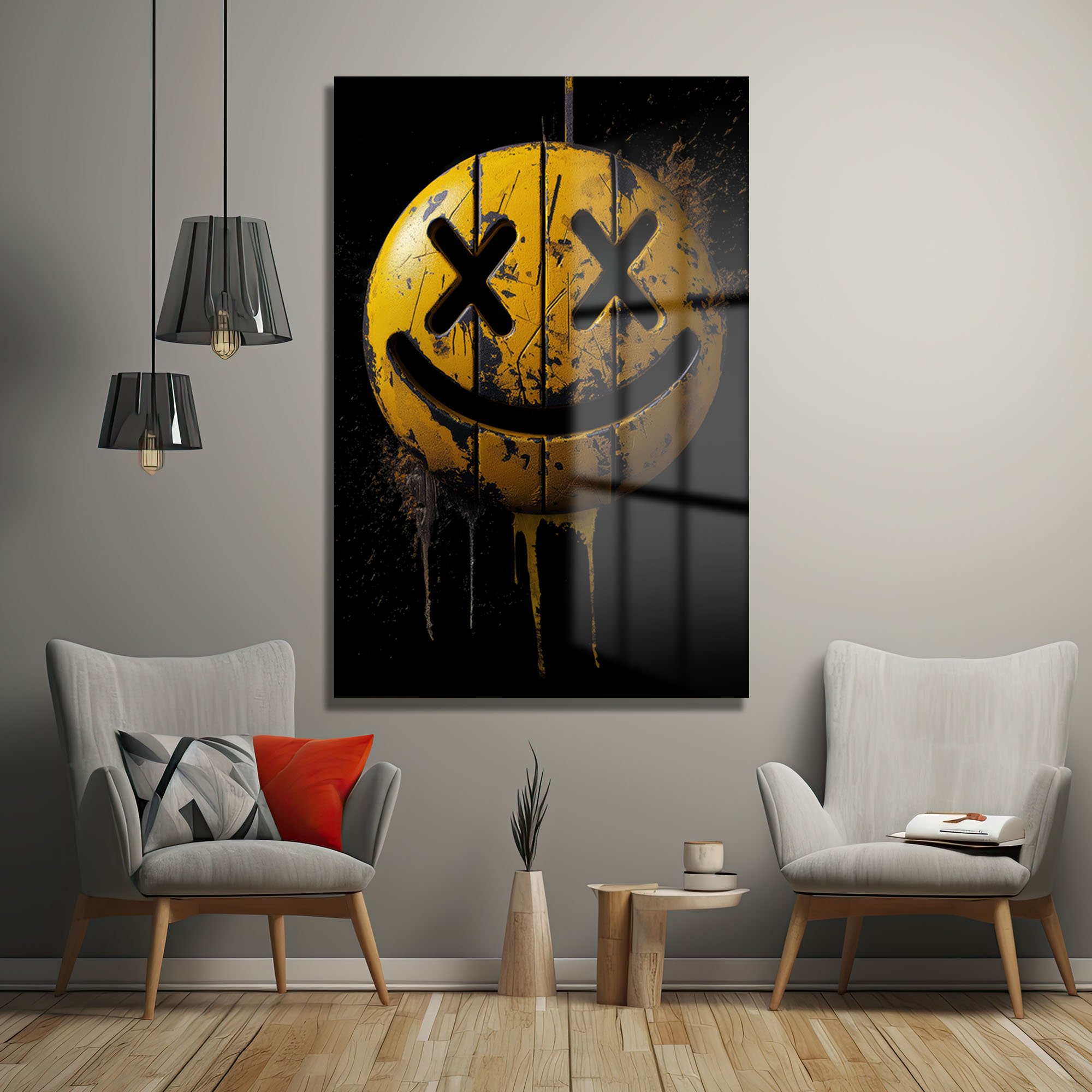 Urban Grunge Smiley: Asi Ruhlu Modern Cam Tablo Duvar Dekoru cam tablo, duvar sanatı, modern dekorasyon, soyut sanat, cam sanat eserleri, iç mekan dekorasyonu, ofis dekorasyonu, ev dekorasyonu, restoran dekorasyonu, cafe dekorasyonu, cam baskı, UV baskı, estetik duvar sanatı