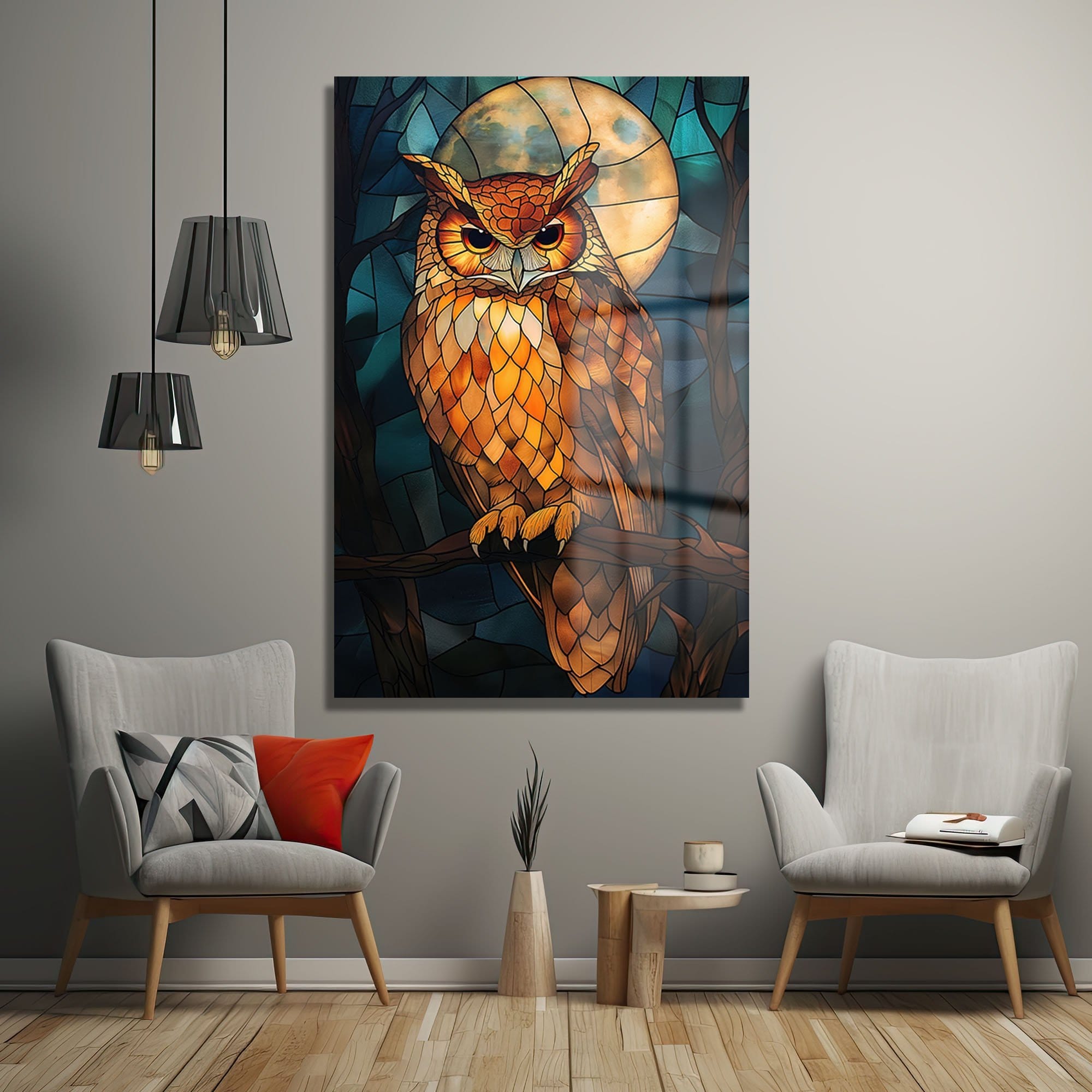 Ay Işığında Bilge Baykuş: Vitray Sanatı Temalı Temperli Cam Tablo Duvar Dekoru cam tablo, duvar sanatı, modern dekorasyon, soyut sanat, cam sanat eserleri, iç mekan dekorasyonu, ofis dekorasyonu, ev dekorasyonu, restoran dekorasyonu, cafe dekorasyonu, cam baskı, UV baskı, estetik duvar sanatı