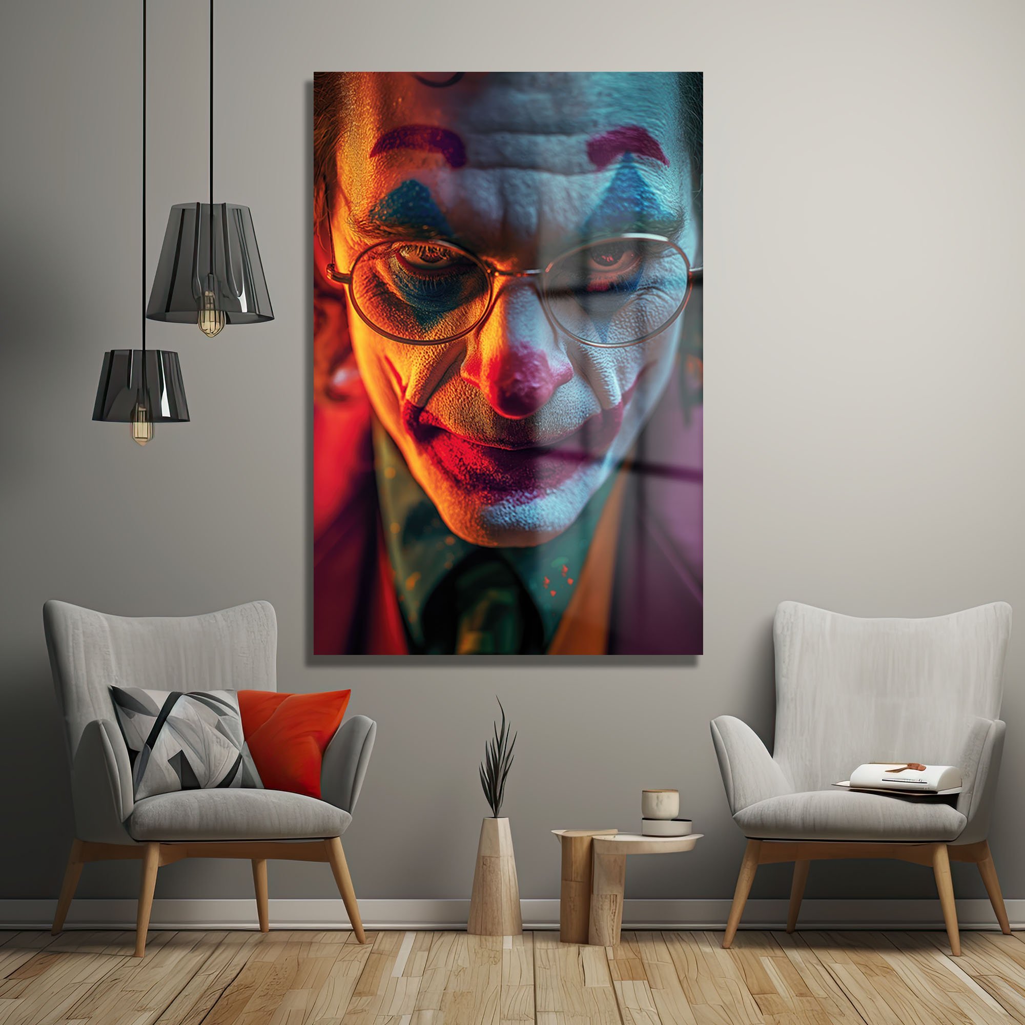 Joker'in Yüzü: Dramatik Işıklarla Modern Cam Tablo Duvar Dekoru cam tablo, duvar sanatı, modern dekorasyon, soyut sanat, cam sanat eserleri, iç mekan dekorasyonu, ofis dekorasyonu, ev dekorasyonu, restoran dekorasyonu, cafe dekorasyonu, cam baskı, UV baskı, estetik duvar sanatı