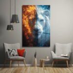 Ateş ve Buz Aslanı: Gücün ve Dinginliğin Modern Cam Tablosu Duvar Dekoru cam tablo, duvar sanatı, modern dekorasyon, soyut sanat, cam sanat eserleri, iç mekan dekorasyonu, ofis dekorasyonu, ev dekorasyonu, restoran dekorasyonu, cafe dekorasyonu, cam baskı, UV baskı, estetik duvar sanatı