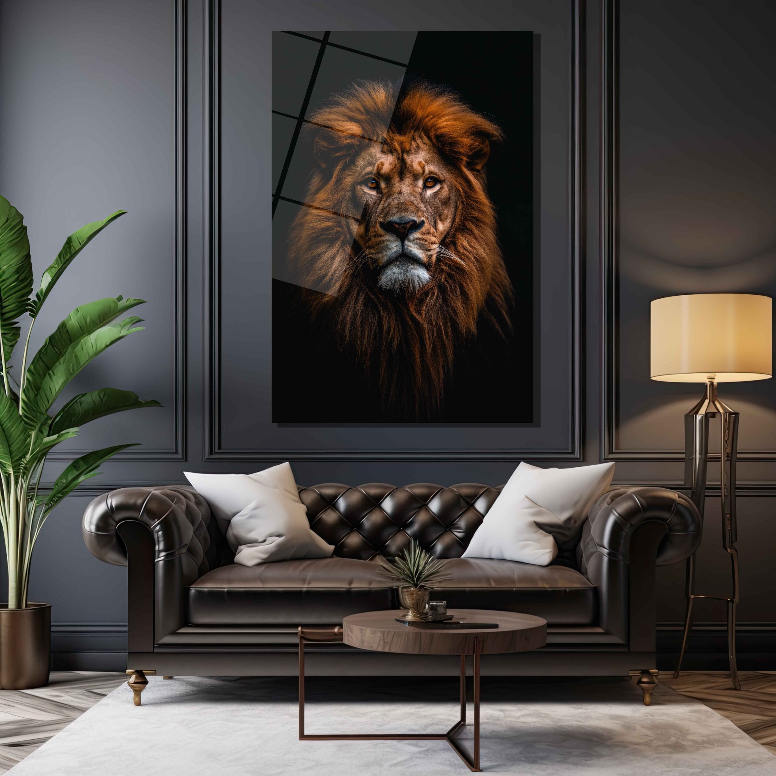 Kralların Kralı: Aslan Portresi Modern Cam Duvar Sanatı Duvar Dekoru cam tablo, duvar sanatı, modern dekorasyon, soyut sanat, cam sanat eserleri, iç mekan dekorasyonu, ofis dekorasyonu, ev dekorasyonu, restoran dekorasyonu, cafe dekorasyonu, cam baskı, UV baskı, estetik duvar sanatı