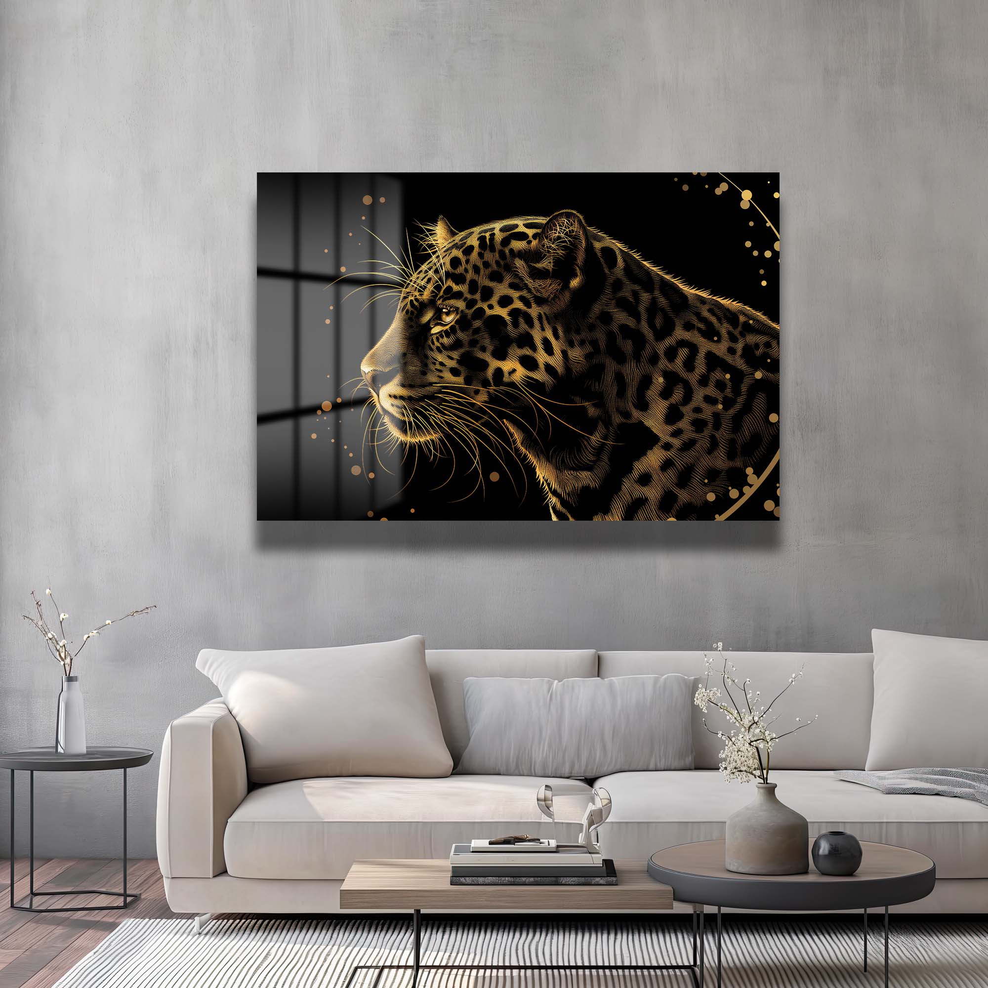 Altın Leopar Asaleti: Modern Temperli Cam Tablo Duvar Dekoru cam tablo, duvar sanatı, modern dekorasyon, soyut sanat, cam sanat eserleri, iç mekan dekorasyonu, ofis dekorasyonu, ev dekorasyonu, restoran dekorasyonu, cafe dekorasyonu, cam baskı, UV baskı, estetik duvar sanatı