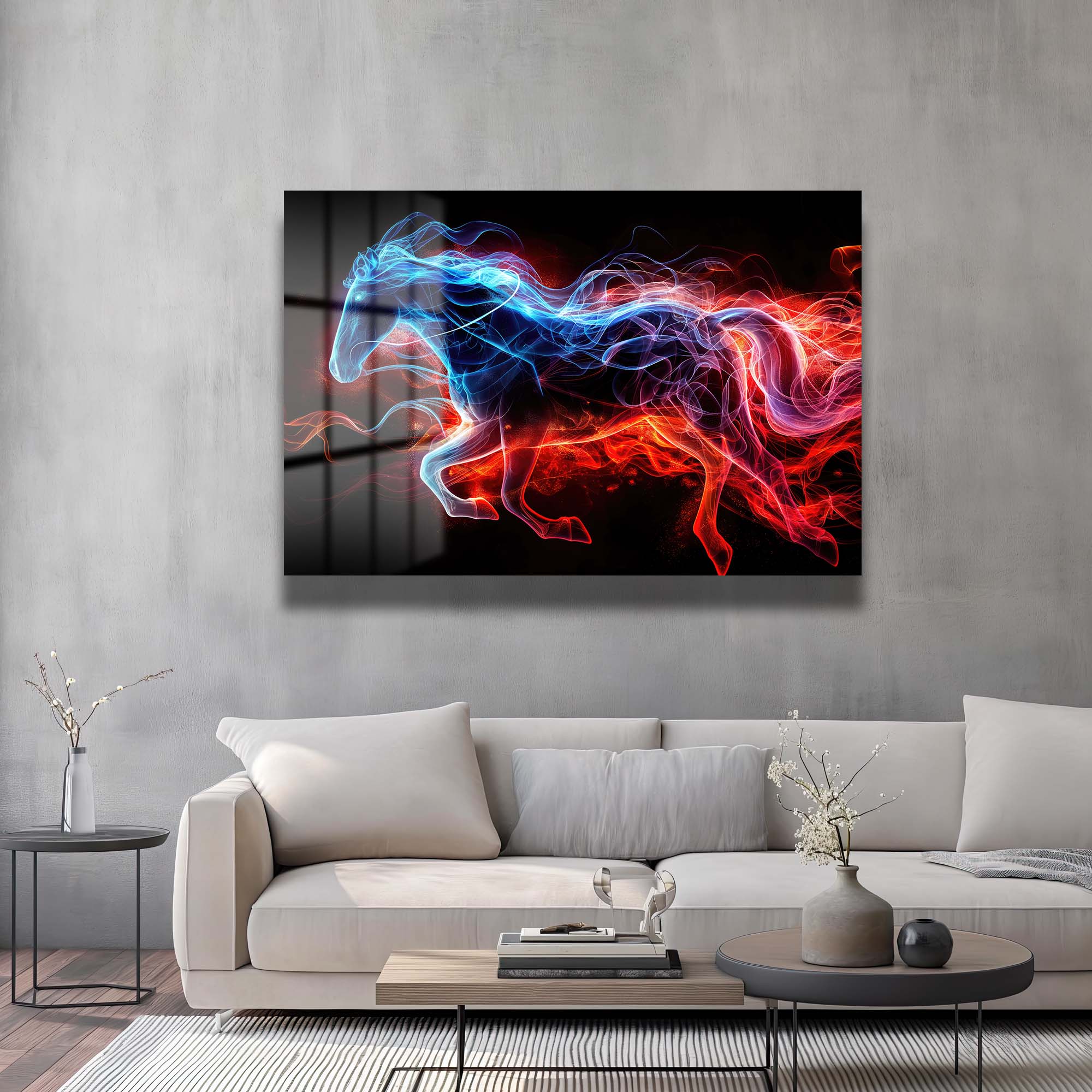 Sonsuz Enerji: Ateş ve Buz Atı Modern Cam Tablo Duvar Dekoru cam tablo, duvar sanatı, modern dekorasyon, soyut sanat, cam sanat eserleri, iç mekan dekorasyonu, ofis dekorasyonu, ev dekorasyonu, restoran dekorasyonu, cafe dekorasyonu, cam baskı, UV baskı, estetik duvar sanatı