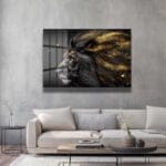 Altın Parıltılı Siyah Aslan: Gücü ve Zarafeti Buluşturan Modern Cam Tablo Duvar Dekoru cam tablo, duvar sanatı, modern dekorasyon, soyut sanat, cam sanat eserleri, iç mekan dekorasyonu, ofis dekorasyonu, ev dekorasyonu, restoran dekorasyonu, cafe dekorasyonu, cam baskı, UV baskı, estetik duvar sanatı