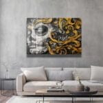 Altın Rüyalar Calavera: Modern Sanatsal Cam Tablo Duvar Dekoru cam tablo, duvar sanatı, modern dekorasyon, soyut sanat, cam sanat eserleri, iç mekan dekorasyonu, ofis dekorasyonu, ev dekorasyonu, restoran dekorasyonu, cafe dekorasyonu, cam baskı, UV baskı, estetik duvar sanatı