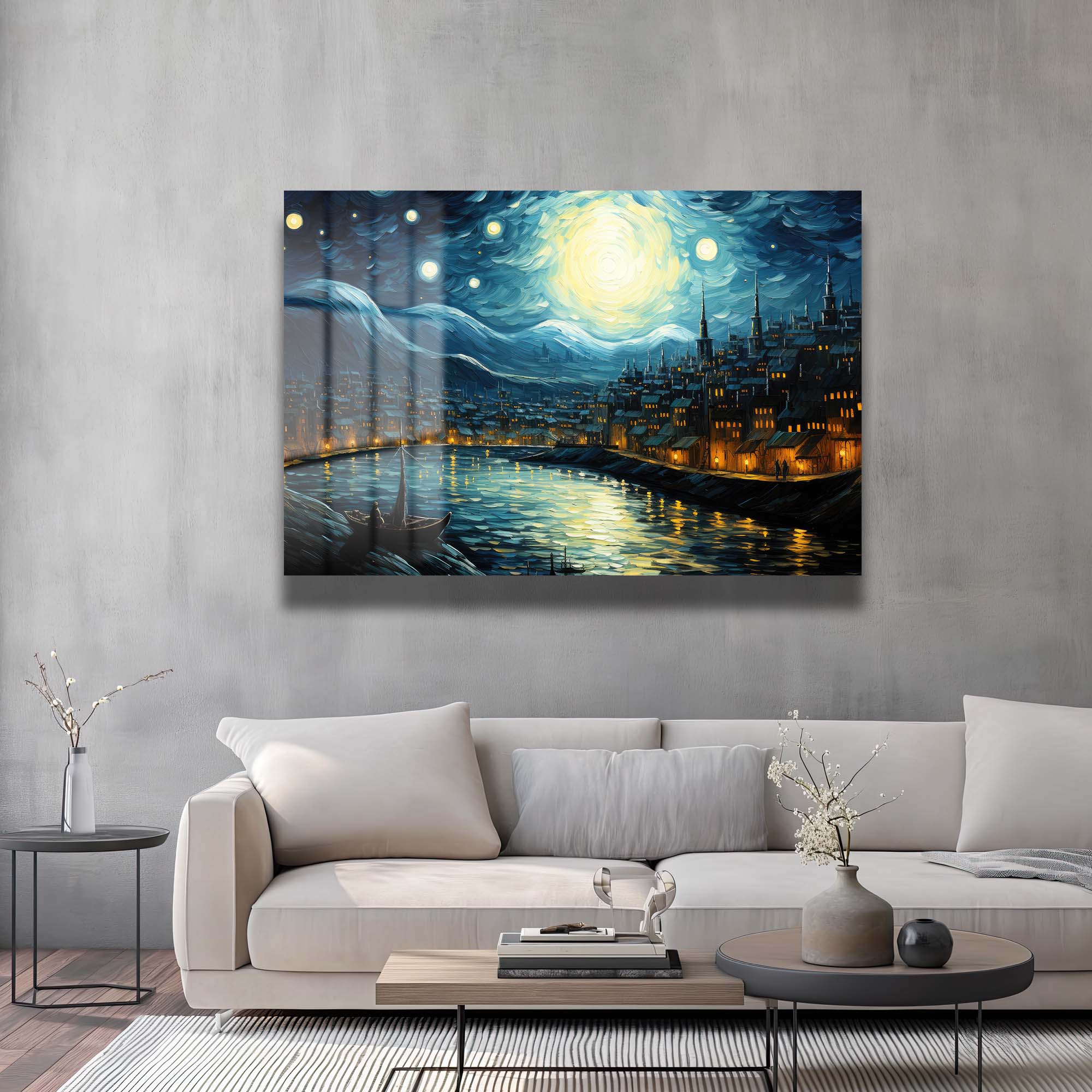 Van Gogh Tarzı Yıldızlı Gece Şehri: Büyüleyici Cam Tablo Duvar Dekoru cam tablo, duvar sanatı, modern dekorasyon, soyut sanat, cam sanat eserleri, iç mekan dekorasyonu, ofis dekorasyonu, ev dekorasyonu, restoran dekorasyonu, cafe dekorasyonu, cam baskı, UV baskı, estetik duvar sanatı