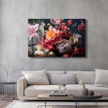 Büyüleyici Floral Dans: Pembe ve Turuncu Tonlarında Modern Cam Tablo - Glazella