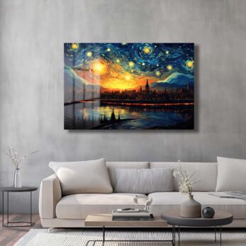 Yıldızlı Şehir Gecesi: Van Gogh Esintili Dekoratif Cam Tablo - Glazella Yıldızlı Şehir Gecesi: Van Gogh Esintili Dekoratif Cam Tablo - Glazella