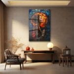 Ateş ve Buzun Dansı: Vitray Sanatı Kadın Profili Dekoratif Cam Tablo Duvar Dekoru cam tablo, duvar sanatı, modern dekorasyon, soyut sanat, cam sanat eserleri, iç mekan dekorasyonu, ofis dekorasyonu, ev dekorasyonu, restoran dekorasyonu, cafe dekorasyonu, cam baskı, UV baskı, estetik duvar sanatı