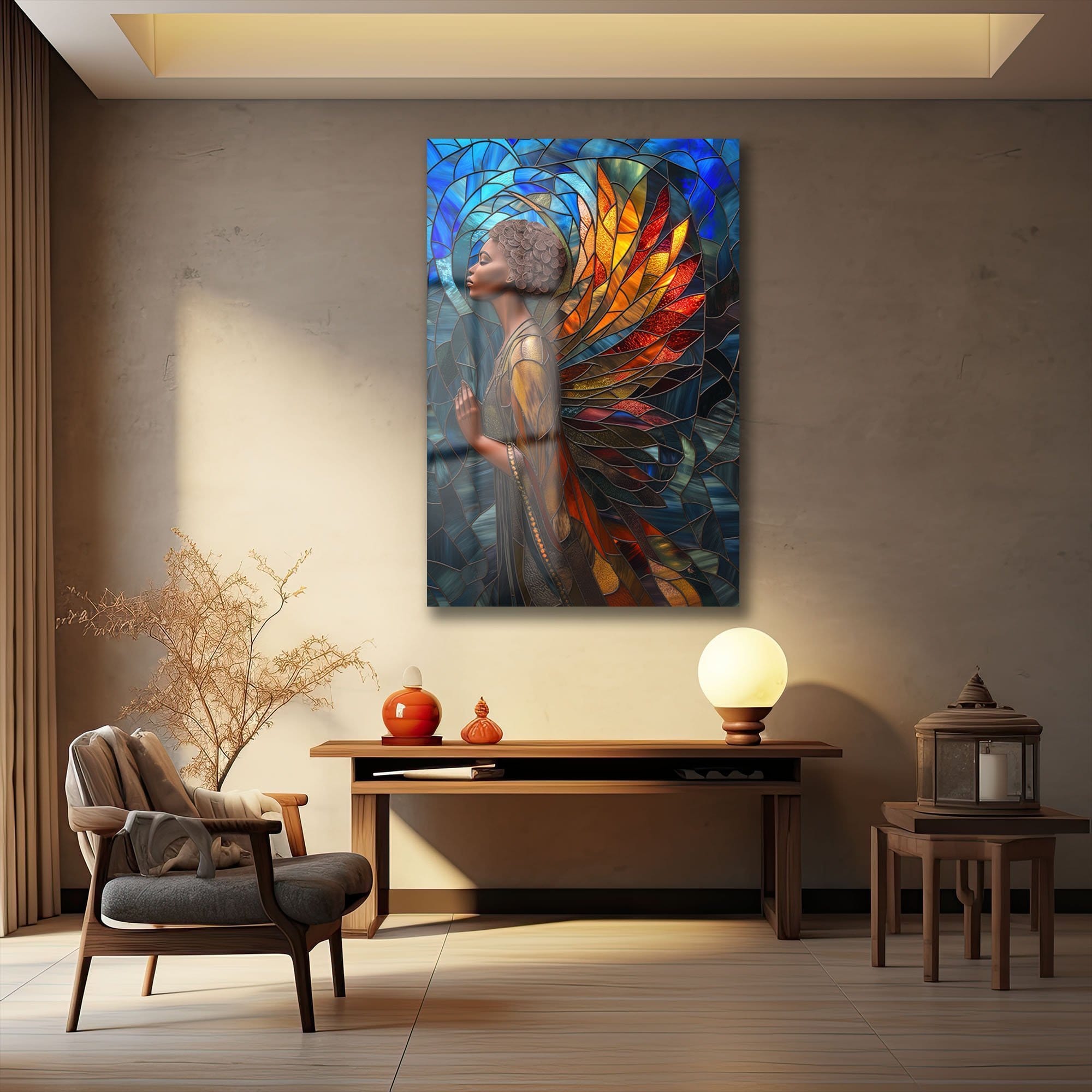 İlahi Kanatlar: Vitray Sanatı Modern Cam Tablo Duvar Dekoru cam tablo, duvar sanatı, modern dekorasyon, soyut sanat, cam sanat eserleri, iç mekan dekorasyonu, ofis dekorasyonu, ev dekorasyonu, restoran dekorasyonu, cafe dekorasyonu, cam baskı, UV baskı, estetik duvar sanatı