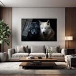 Zıtların Büyüsü: Siyah ve Beyaz Kurtlar Temperli Cam Tablo Duvar Dekoru cam tablo, duvar sanatı, modern dekorasyon, soyut sanat, cam sanat eserleri, iç mekan dekorasyonu, ofis dekorasyonu, ev dekorasyonu, restoran dekorasyonu, cafe dekorasyonu, cam baskı, UV baskı, estetik duvar sanatı