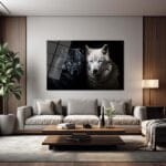 Denge ve Güç: Siyah Beyaz Kurtlar Temalı Modern Cam Tablo Duvar Dekoru cam tablo, duvar sanatı, modern dekorasyon, soyut sanat, cam sanat eserleri, iç mekan dekorasyonu, ofis dekorasyonu, ev dekorasyonu, restoran dekorasyonu, cafe dekorasyonu, cam baskı, UV baskı, estetik duvar sanatı