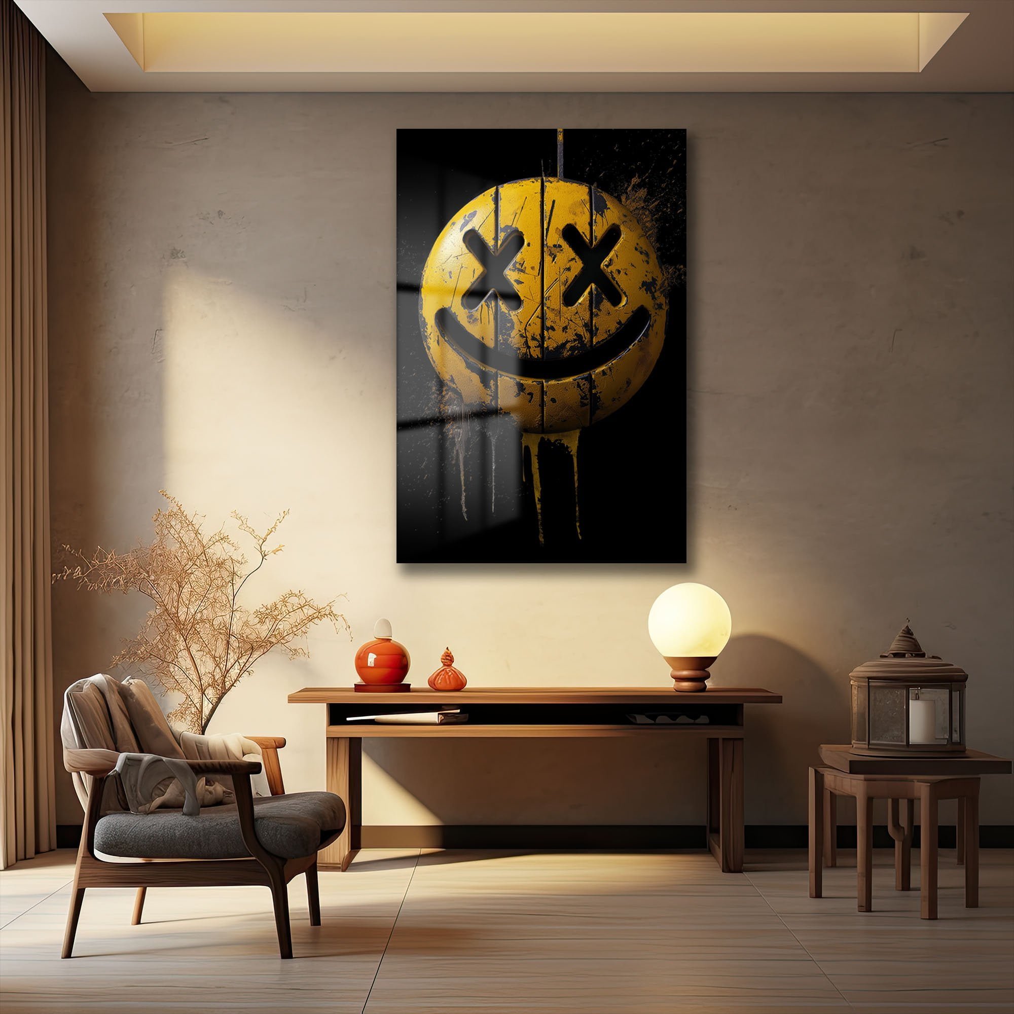Urban Grunge Smiley: Asi Ruhlu Modern Cam Tablo Duvar Dekoru cam tablo, duvar sanatı, modern dekorasyon, soyut sanat, cam sanat eserleri, iç mekan dekorasyonu, ofis dekorasyonu, ev dekorasyonu, restoran dekorasyonu, cafe dekorasyonu, cam baskı, UV baskı, estetik duvar sanatı