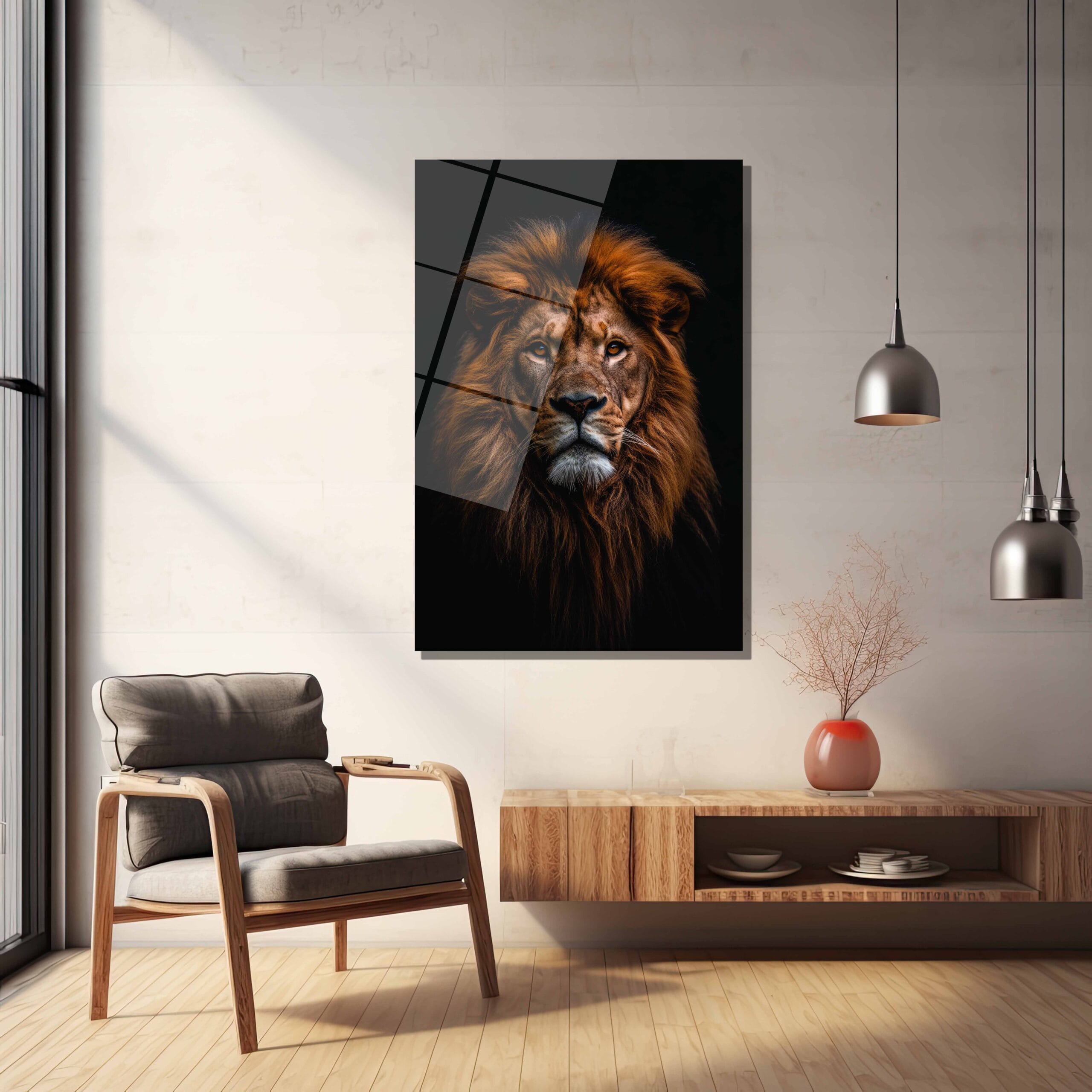 Kralların Kralı: Aslan Portresi Modern Cam Duvar Sanatı Duvar Dekoru cam tablo, duvar sanatı, modern dekorasyon, soyut sanat, cam sanat eserleri, iç mekan dekorasyonu, ofis dekorasyonu, ev dekorasyonu, restoran dekorasyonu, cafe dekorasyonu, cam baskı, UV baskı, estetik duvar sanatı