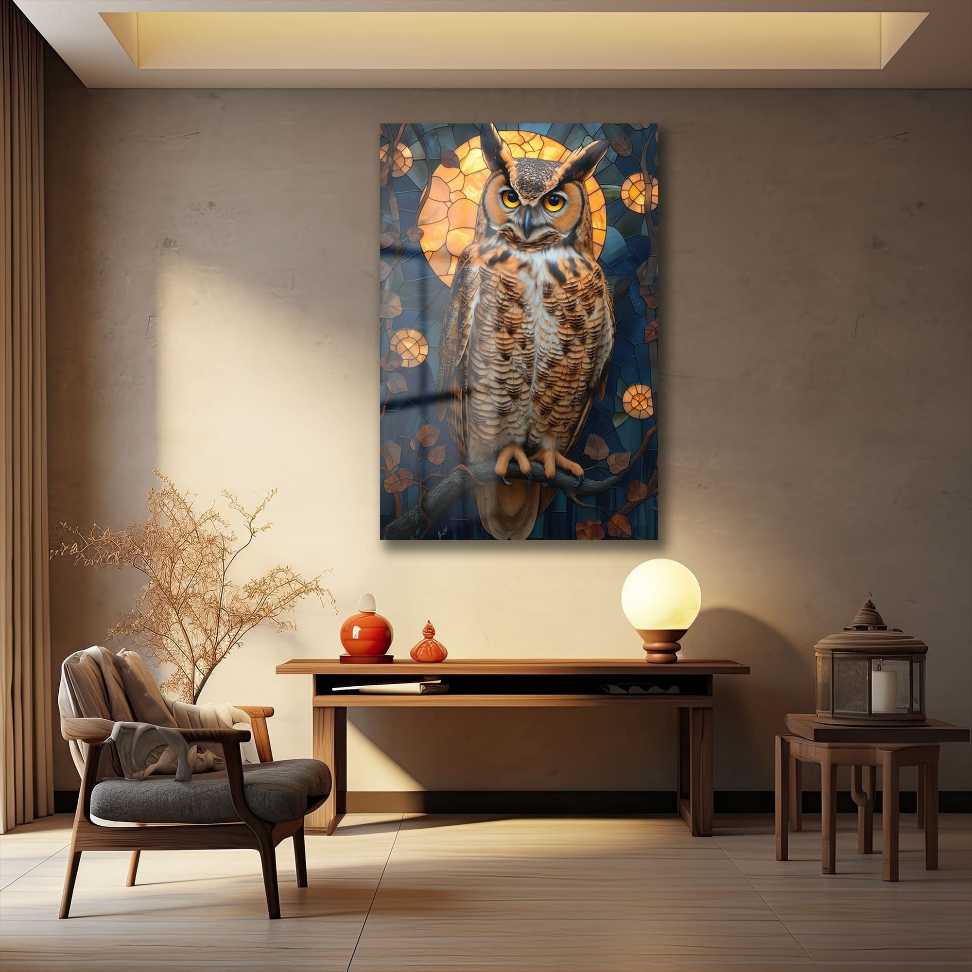 Ay Işığında Bilge Baykuş: Vitray Sanatı Temperli Cam Tablo Duvar Dekoru cam tablo, duvar sanatı, modern dekorasyon, soyut sanat, cam sanat eserleri, iç mekan dekorasyonu, ofis dekorasyonu, ev dekorasyonu, restoran dekorasyonu, cafe dekorasyonu, cam baskı, UV baskı, estetik duvar sanatı