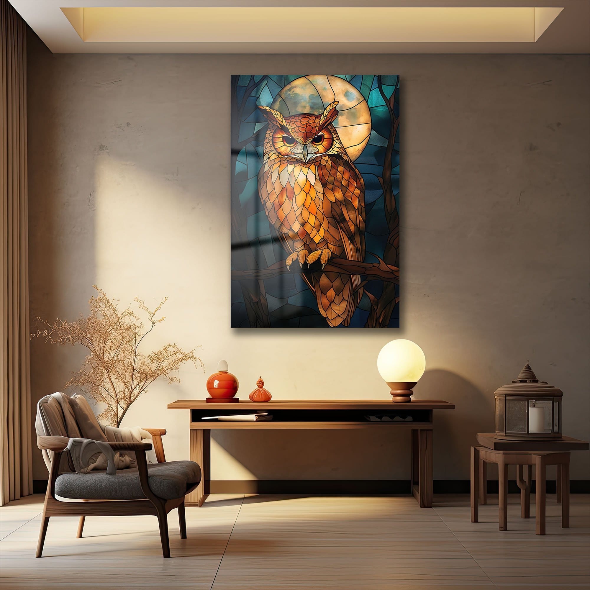 Ay Işığında Bilge Baykuş: Vitray Sanatı Temalı Temperli Cam Tablo Duvar Dekoru cam tablo, duvar sanatı, modern dekorasyon, soyut sanat, cam sanat eserleri, iç mekan dekorasyonu, ofis dekorasyonu, ev dekorasyonu, restoran dekorasyonu, cafe dekorasyonu, cam baskı, UV baskı, estetik duvar sanatı
