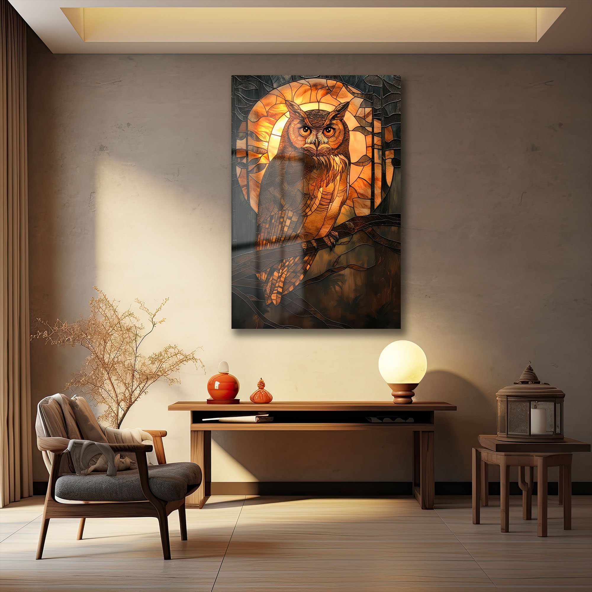 Bilge Baykuşun Sırrı: Vitray Sanatlı Temperli Cam Tablo Duvar Dekoru cam tablo, duvar sanatı, modern dekorasyon, soyut sanat, cam sanat eserleri, iç mekan dekorasyonu, ofis dekorasyonu, ev dekorasyonu, restoran dekorasyonu, cafe dekorasyonu, cam baskı, UV baskı, estetik duvar sanatı