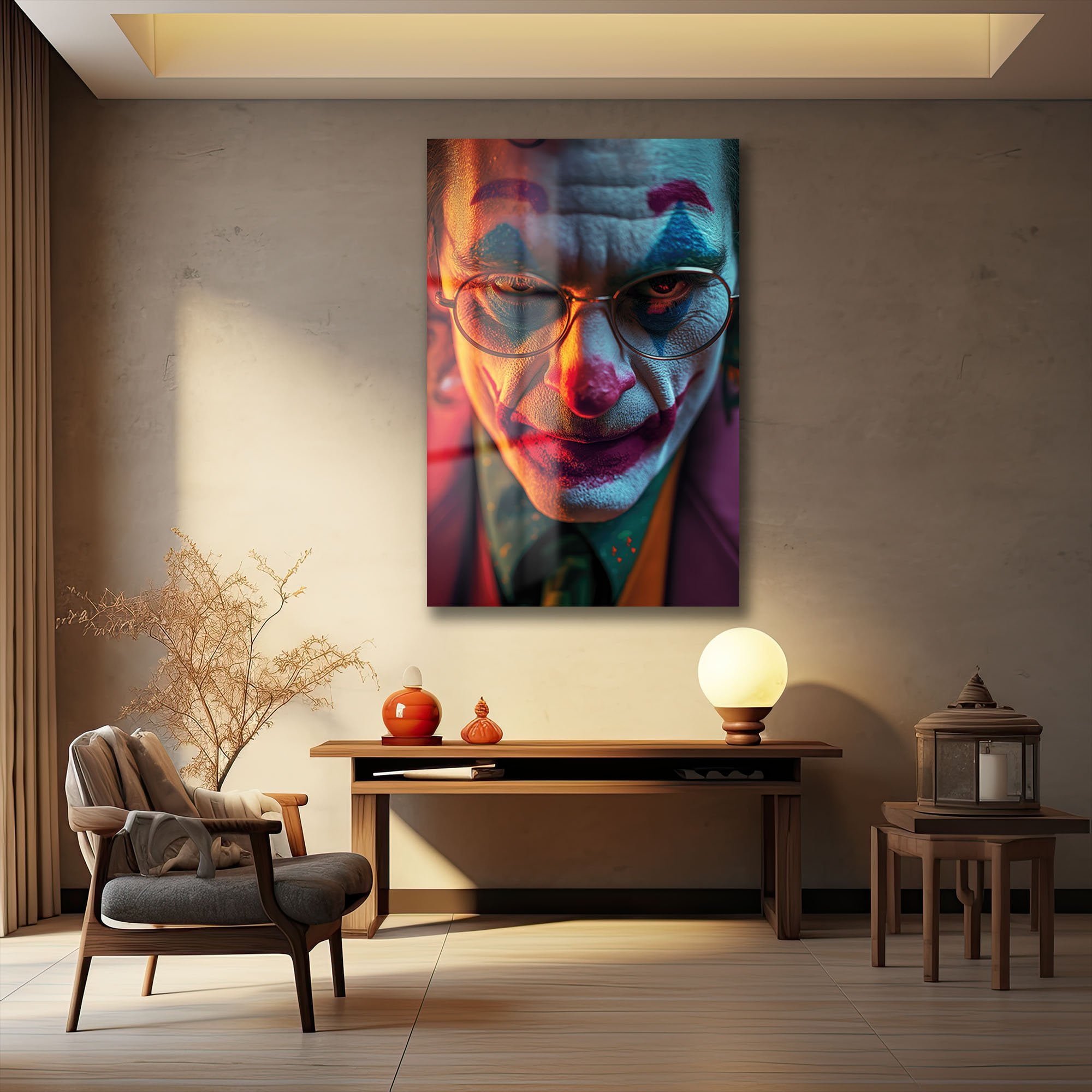 Joker'in Yüzü: Dramatik Işıklarla Modern Cam Tablo Duvar Dekoru cam tablo, duvar sanatı, modern dekorasyon, soyut sanat, cam sanat eserleri, iç mekan dekorasyonu, ofis dekorasyonu, ev dekorasyonu, restoran dekorasyonu, cafe dekorasyonu, cam baskı, UV baskı, estetik duvar sanatı