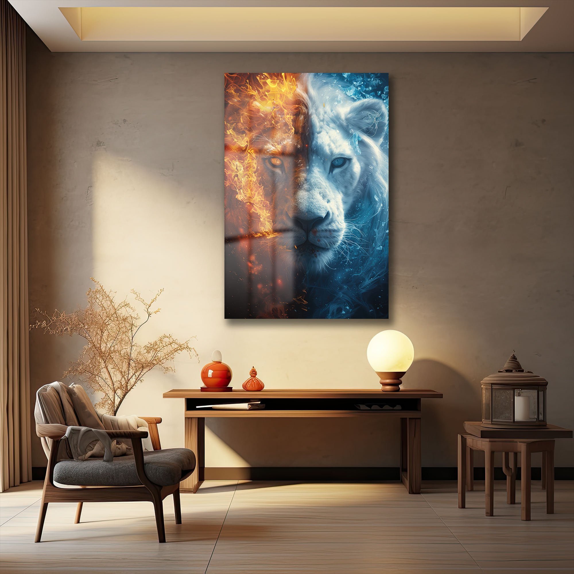 Ateş ve Buz Aslanı: Gücün ve Dinginliğin Modern Cam Tablosu Duvar Dekoru cam tablo, duvar sanatı, modern dekorasyon, soyut sanat, cam sanat eserleri, iç mekan dekorasyonu, ofis dekorasyonu, ev dekorasyonu, restoran dekorasyonu, cafe dekorasyonu, cam baskı, UV baskı, estetik duvar sanatı