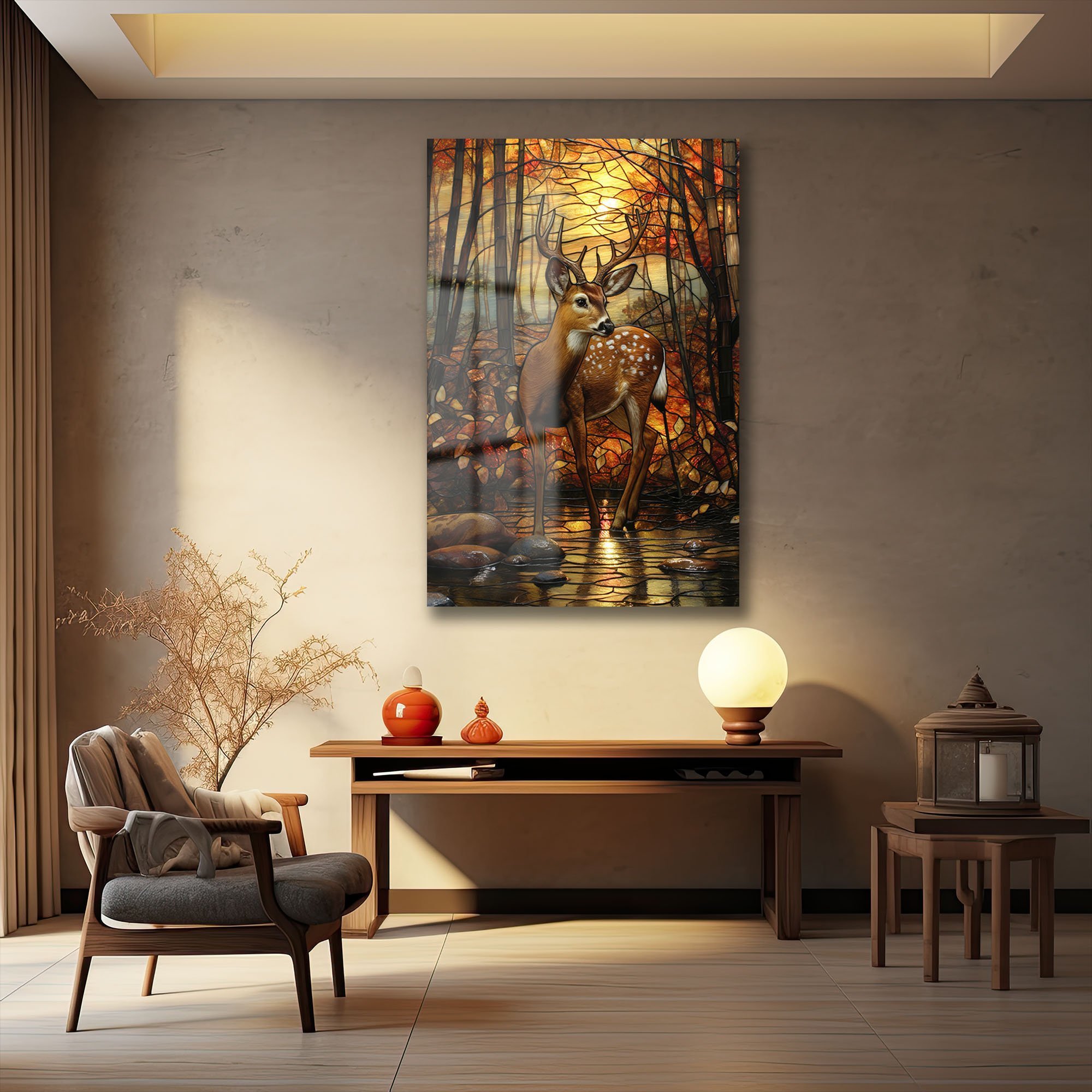 Geyik ve Gün Batımı: Vitray Tarzı Temperli Cam Tablo Duvar Dekoru cam tablo, duvar sanatı, modern dekorasyon, soyut sanat, cam sanat eserleri, iç mekan dekorasyonu, ofis dekorasyonu, ev dekorasyonu, restoran dekorasyonu, cafe dekorasyonu, cam baskı, UV baskı, estetik duvar sanatı