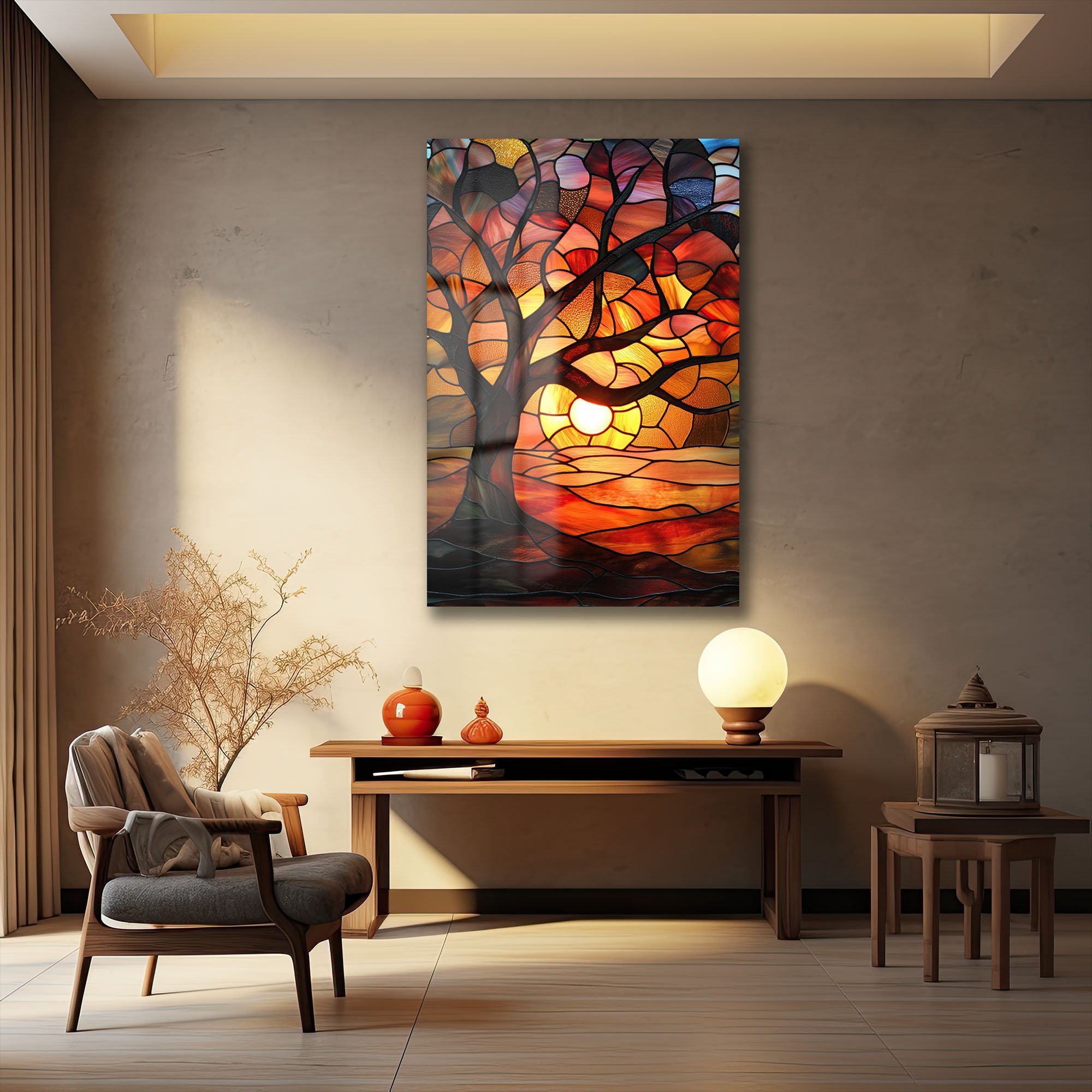 Gün Batımı Ağacı: Vitray Sanatı Temperli Cam Tablo Duvar Dekoru cam tablo, duvar sanatı, modern dekorasyon, soyut sanat, cam sanat eserleri, iç mekan dekorasyonu, ofis dekorasyonu, ev dekorasyonu, restoran dekorasyonu, cafe dekorasyonu, cam baskı, UV baskı, estetik duvar sanatı