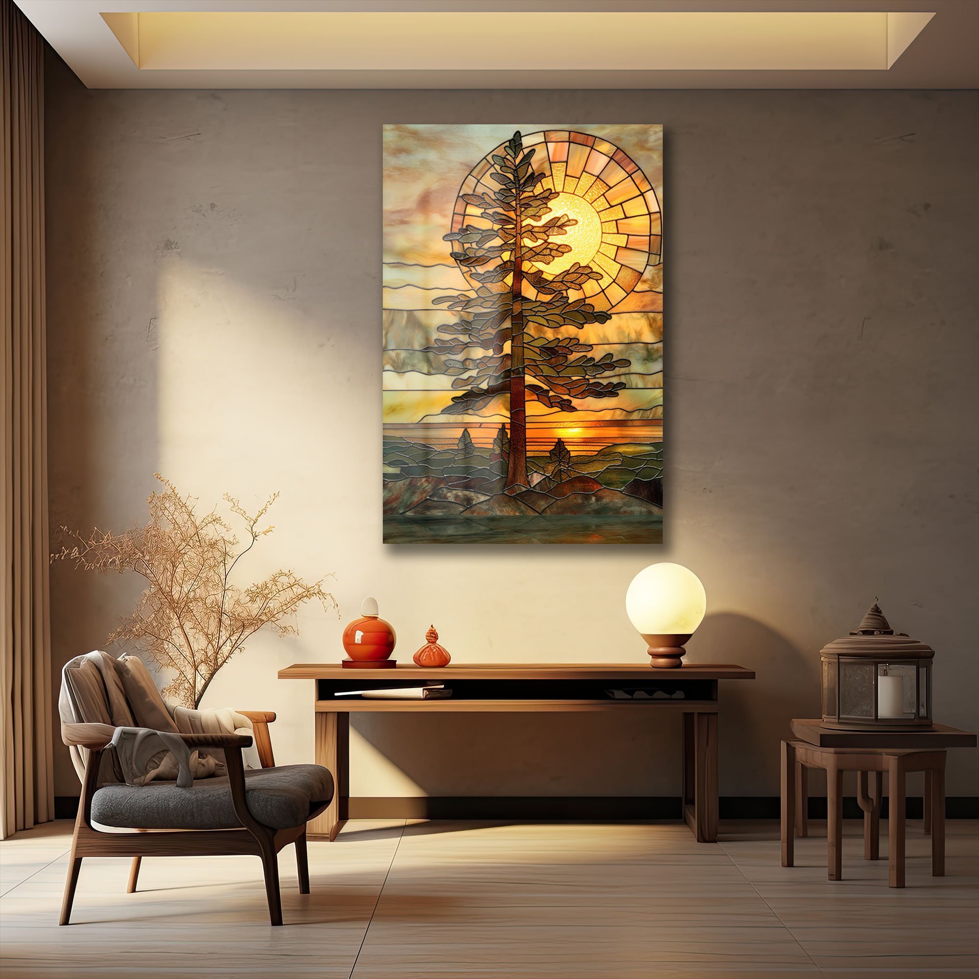 Çam Ağacı Gün Batımı: Tiffany Tarzı Sanatsal Temperli Cam Tablo Duvar Dekoru cam tablo, duvar sanatı, modern dekorasyon, soyut sanat, cam sanat eserleri, iç mekan dekorasyonu, ofis dekorasyonu, ev dekorasyonu, restoran dekorasyonu, cafe dekorasyonu, cam baskı, UV baskı, estetik duvar sanatı