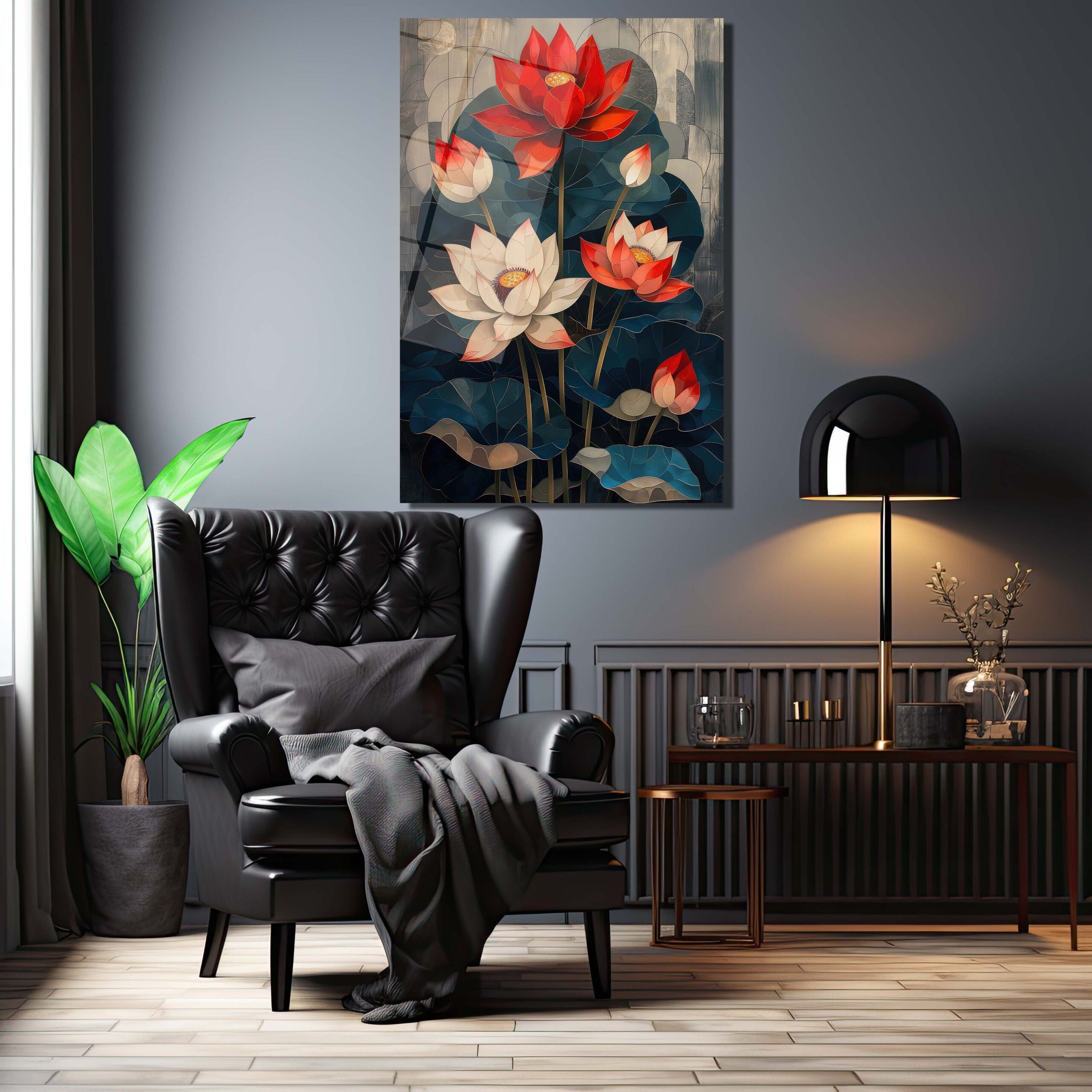 Zen Lotus Bahçesi: Canlı Renklerle Temperli Cam Tablo Duvar Dekoru cam tablo, duvar sanatı, modern dekorasyon, soyut sanat, cam sanat eserleri, iç mekan dekorasyonu, ofis dekorasyonu, ev dekorasyonu, restoran dekorasyonu, cafe dekorasyonu, cam baskı, UV baskı, estetik duvar sanatı