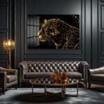 Altın Leopar Asaleti: Modern Temperli Cam Tablo Duvar Dekoru cam tablo, duvar sanatı, modern dekorasyon, soyut sanat, cam sanat eserleri, iç mekan dekorasyonu, ofis dekorasyonu, ev dekorasyonu, restoran dekorasyonu, cafe dekorasyonu, cam baskı, UV baskı, estetik duvar sanatı