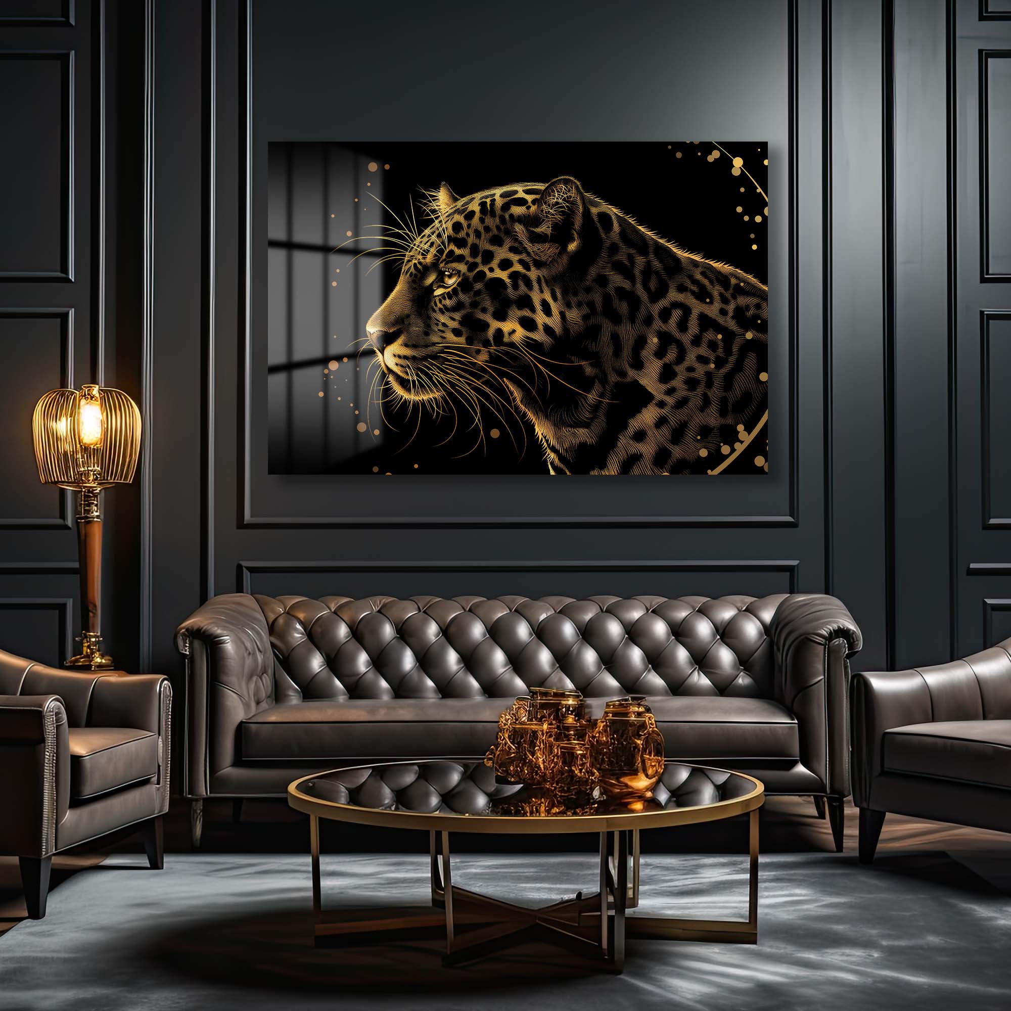 Altın Leopar Asaleti: Modern Temperli Cam Tablo Duvar Dekoru cam tablo, duvar sanatı, modern dekorasyon, soyut sanat, cam sanat eserleri, iç mekan dekorasyonu, ofis dekorasyonu, ev dekorasyonu, restoran dekorasyonu, cafe dekorasyonu, cam baskı, UV baskı, estetik duvar sanatı