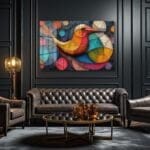 Mozaik Kuşun Dansı: Canlı Renklerde Modern Soyut Cam Tablo Duvar Dekoru cam tablo, duvar sanatı, modern dekorasyon, soyut sanat, cam sanat eserleri, iç mekan dekorasyonu, ofis dekorasyonu, ev dekorasyonu, restoran dekorasyonu, cafe dekorasyonu, cam baskı, UV baskı, estetik duvar sanatı