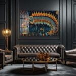 Ruh Bekçisi ve Mitolojik Yaratık: Etnik Desenli Canlı Cam Tablo Duvar Dekoru cam tablo, duvar sanatı, modern dekorasyon, soyut sanat, cam sanat eserleri, iç mekan dekorasyonu, ofis dekorasyonu, ev dekorasyonu, restoran dekorasyonu, cafe dekorasyonu, cam baskı, UV baskı, estetik duvar sanatı