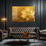 Altın Lotus Zarafeti: Lüks Dekoratif Cam Tablo Duvar Dekoru cam tablo, duvar sanatı, modern dekorasyon, soyut sanat, cam sanat eserleri, iç mekan dekorasyonu, ofis dekorasyonu, ev dekorasyonu, restoran dekorasyonu, cafe dekorasyonu, cam baskı, UV baskı, estetik duvar sanatı