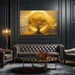 Altın Hayat Ağacı ve Sonsuzluk Çemberi: Lüks Temperli Cam Tablo Duvar Dekoru cam tablo, duvar sanatı, modern dekorasyon, soyut sanat, cam sanat eserleri, iç mekan dekorasyonu, ofis dekorasyonu, ev dekorasyonu, restoran dekorasyonu, cafe dekorasyonu, cam baskı, UV baskı, estetik duvar sanatı