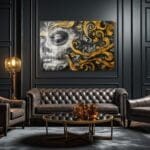 Altın Rüyalar Calavera: Modern Sanatsal Cam Tablo Duvar Dekoru cam tablo, duvar sanatı, modern dekorasyon, soyut sanat, cam sanat eserleri, iç mekan dekorasyonu, ofis dekorasyonu, ev dekorasyonu, restoran dekorasyonu, cafe dekorasyonu, cam baskı, UV baskı, estetik duvar sanatı