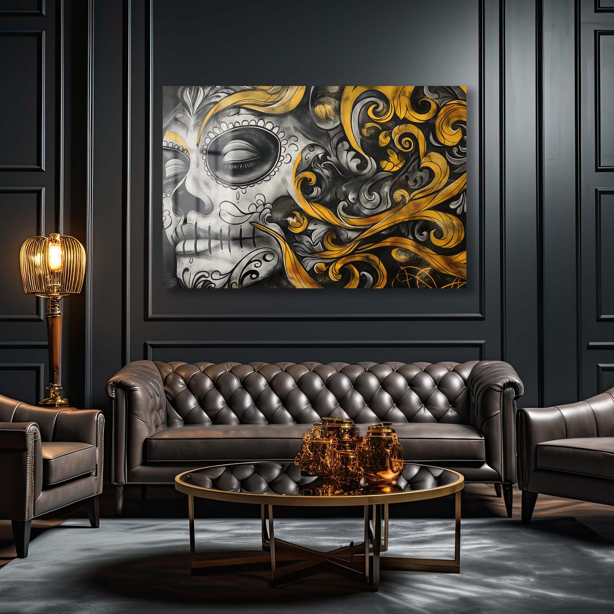Altın Rüyalar Calavera: Modern Sanatsal Cam Tablo Duvar Dekoru cam tablo, duvar sanatı, modern dekorasyon, soyut sanat, cam sanat eserleri, iç mekan dekorasyonu, ofis dekorasyonu, ev dekorasyonu, restoran dekorasyonu, cafe dekorasyonu, cam baskı, UV baskı, estetik duvar sanatı