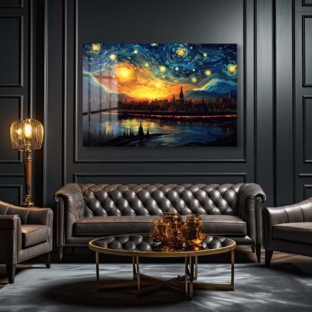 Yıldızlı Şehir Gecesi: Van Gogh Esintili Dekoratif Cam Tablo - Glazella Yıldızlı Şehir Gecesi: Van Gogh Esintili Dekoratif Cam Tablo - Glazella