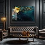 Zümrüt ve Altın Fısıltısı: Lüks Modern Çiçekli Cam Tablo Duvar Dekoru cam tablo, duvar sanatı, modern dekorasyon, soyut sanat, cam sanat eserleri, iç mekan dekorasyonu, ofis dekorasyonu, ev dekorasyonu, restoran dekorasyonu, cafe dekorasyonu, cam baskı, UV baskı, estetik duvar sanatı
