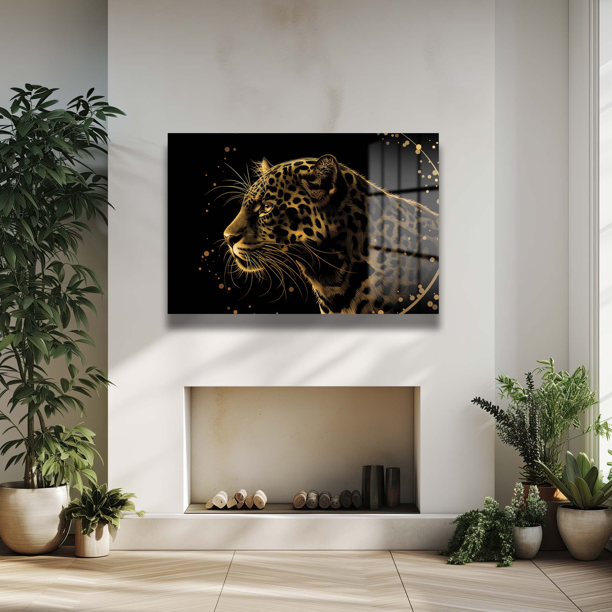 Altın Leopar Asaleti: Modern Temperli Cam Tablo Duvar Dekoru cam tablo, duvar sanatı, modern dekorasyon, soyut sanat, cam sanat eserleri, iç mekan dekorasyonu, ofis dekorasyonu, ev dekorasyonu, restoran dekorasyonu, cafe dekorasyonu, cam baskı, UV baskı, estetik duvar sanatı