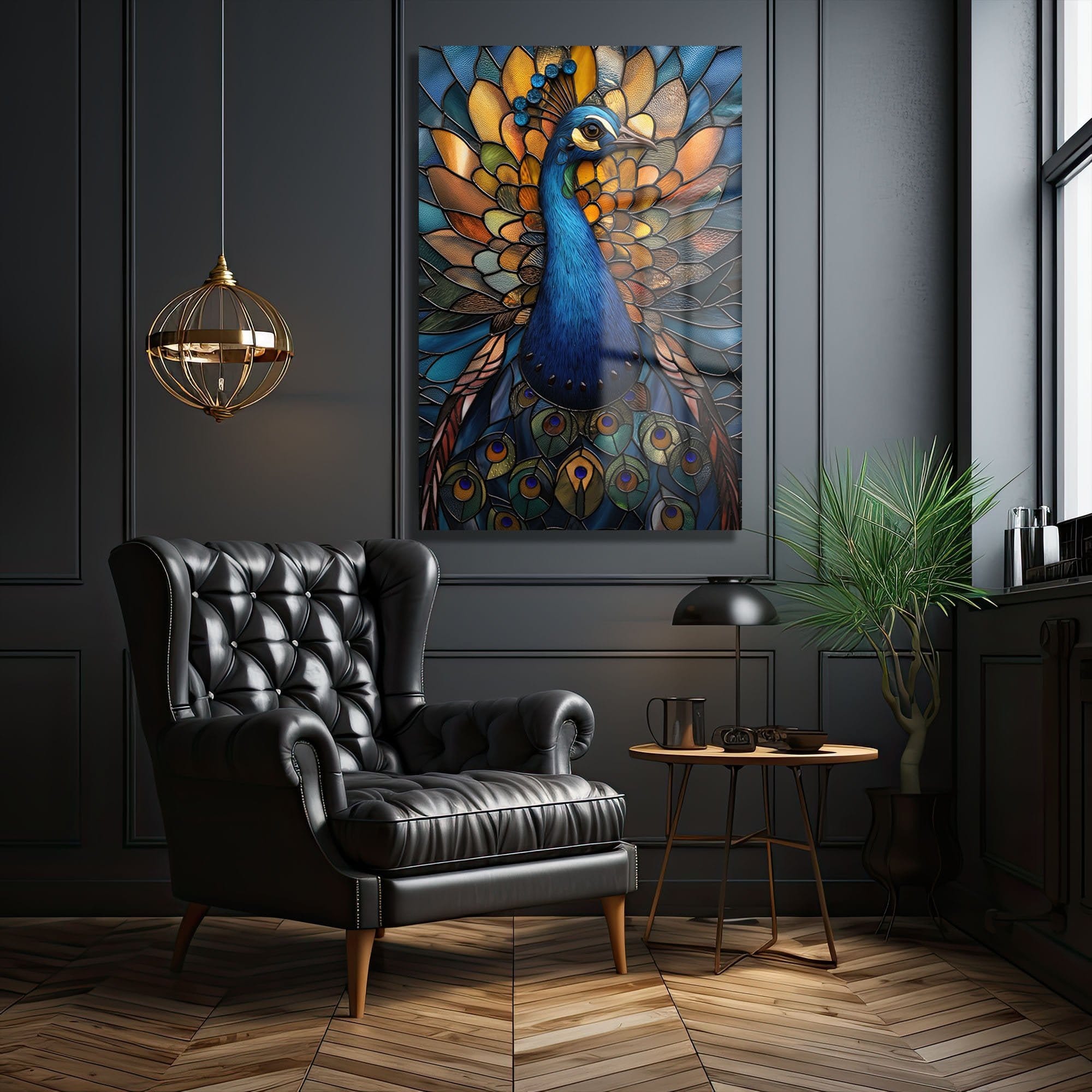 Vitray Sanatıyla İşlenmiş Tavus Kuşu: Canlı Renklerde Temperli Cam Tablo Duvar Dekoru cam tablo, duvar sanatı, modern dekorasyon, soyut sanat, cam sanat eserleri, iç mekan dekorasyonu, ofis dekorasyonu, ev dekorasyonu, restoran dekorasyonu, cafe dekorasyonu, cam baskı, UV baskı, estetik duvar sanatı