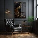 Altın Tavuskuşu: Siyah Fonlu Lüks Cam Tablo Duvar Dekoru cam tablo, duvar sanatı, modern dekorasyon, soyut sanat, cam sanat eserleri, iç mekan dekorasyonu, ofis dekorasyonu, ev dekorasyonu, restoran dekorasyonu, cafe dekorasyonu, cam baskı, UV baskı, estetik duvar sanatı