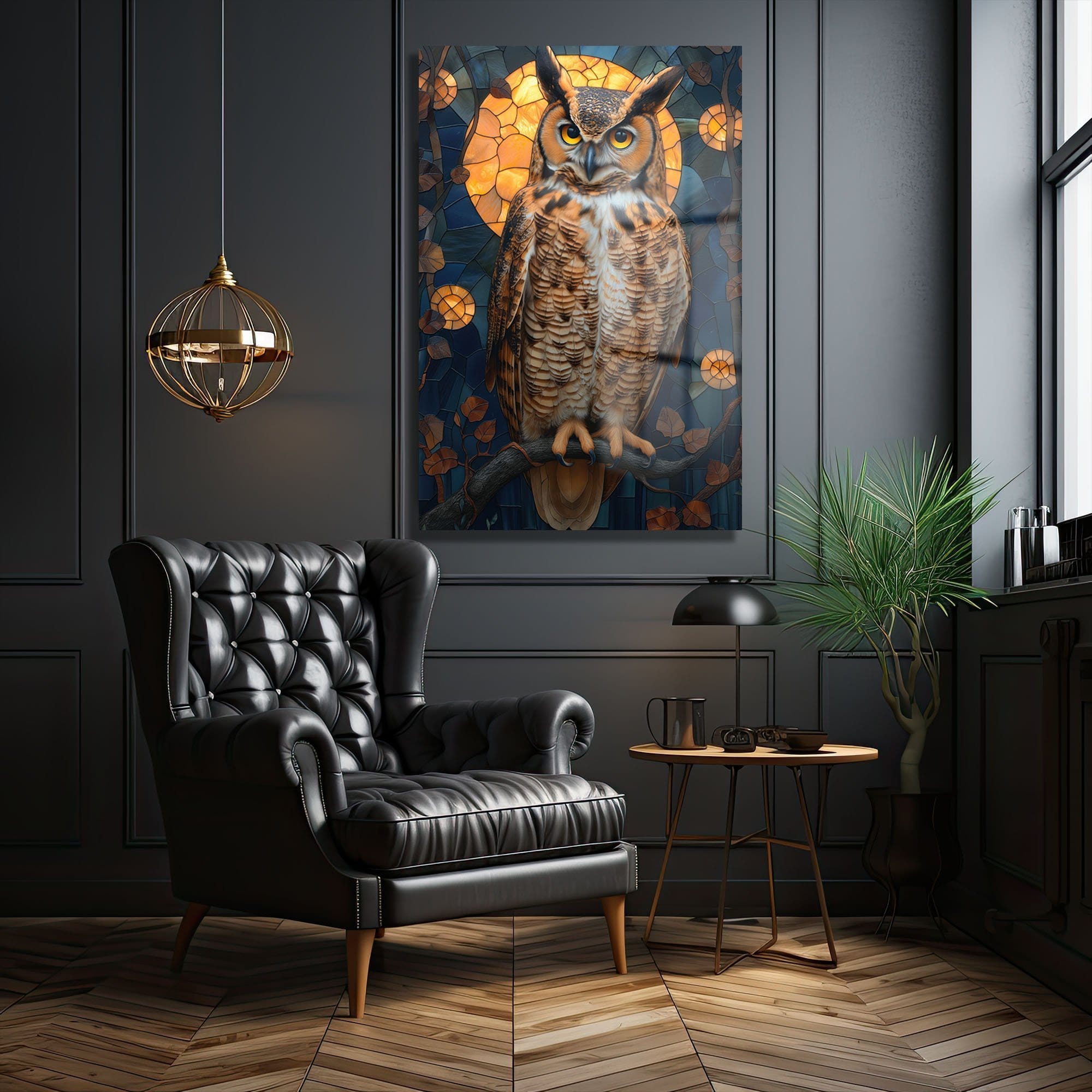 Ay Işığında Bilge Baykuş: Vitray Sanatı Temperli Cam Tablo Duvar Dekoru cam tablo, duvar sanatı, modern dekorasyon, soyut sanat, cam sanat eserleri, iç mekan dekorasyonu, ofis dekorasyonu, ev dekorasyonu, restoran dekorasyonu, cafe dekorasyonu, cam baskı, UV baskı, estetik duvar sanatı