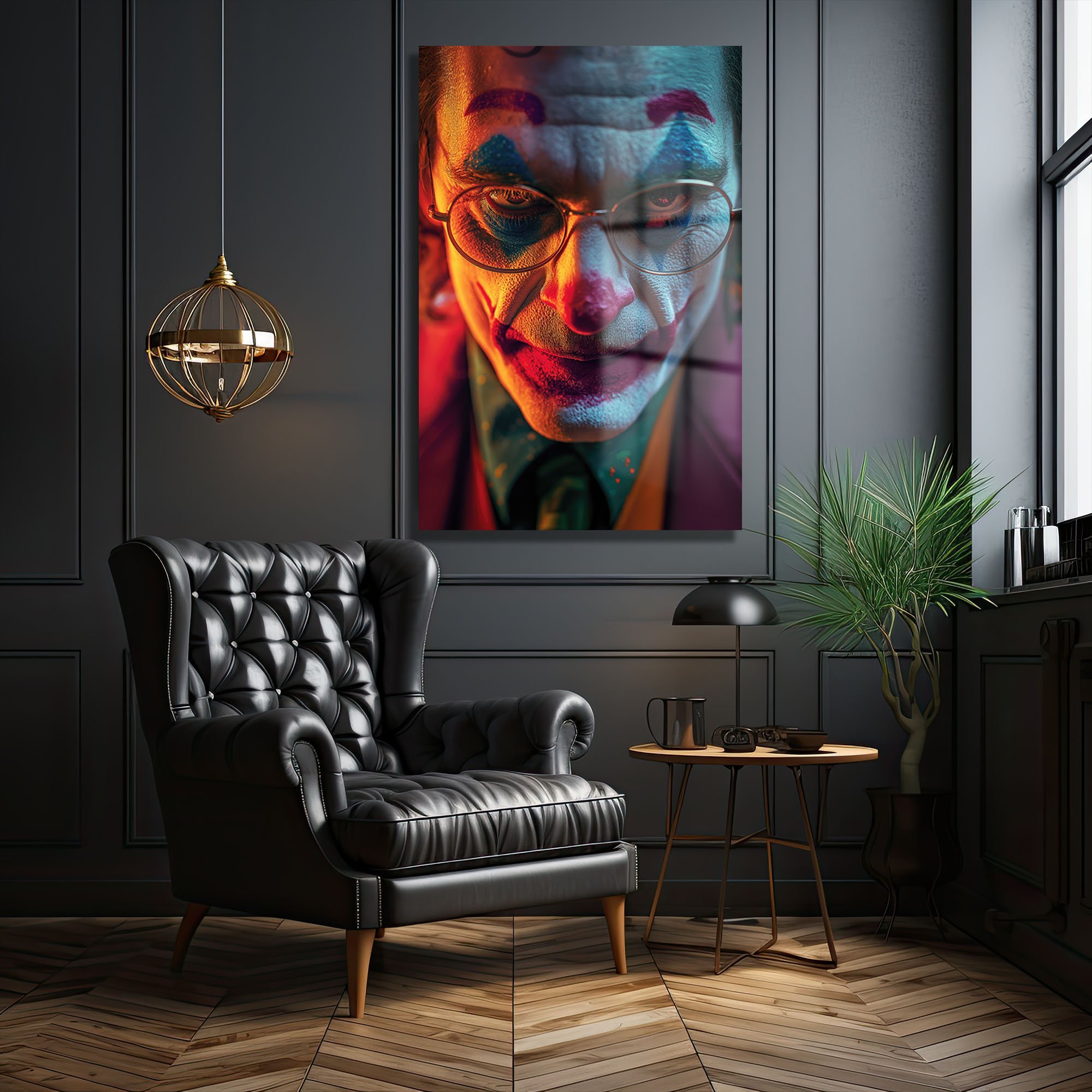 Joker'in Yüzü: Dramatik Işıklarla Modern Cam Tablo Duvar Dekoru cam tablo, duvar sanatı, modern dekorasyon, soyut sanat, cam sanat eserleri, iç mekan dekorasyonu, ofis dekorasyonu, ev dekorasyonu, restoran dekorasyonu, cafe dekorasyonu, cam baskı, UV baskı, estetik duvar sanatı