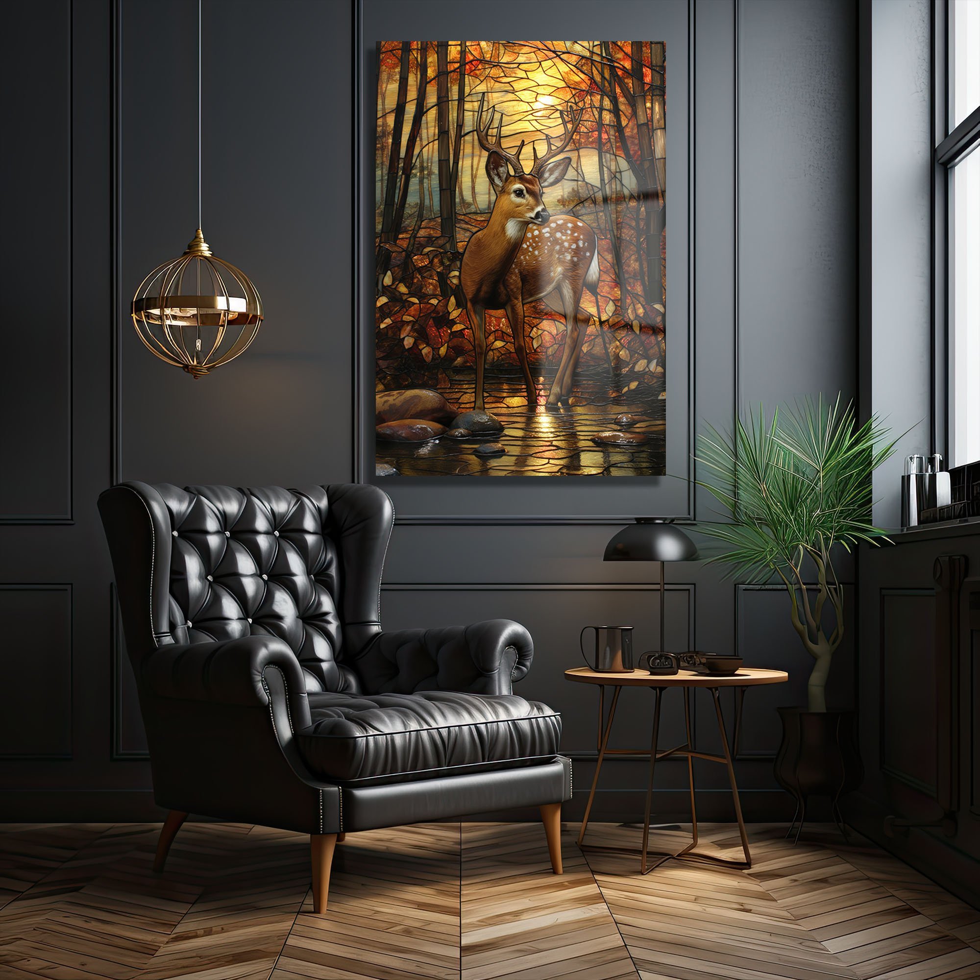 Geyik ve Gün Batımı: Vitray Tarzı Temperli Cam Tablo Duvar Dekoru cam tablo, duvar sanatı, modern dekorasyon, soyut sanat, cam sanat eserleri, iç mekan dekorasyonu, ofis dekorasyonu, ev dekorasyonu, restoran dekorasyonu, cafe dekorasyonu, cam baskı, UV baskı, estetik duvar sanatı