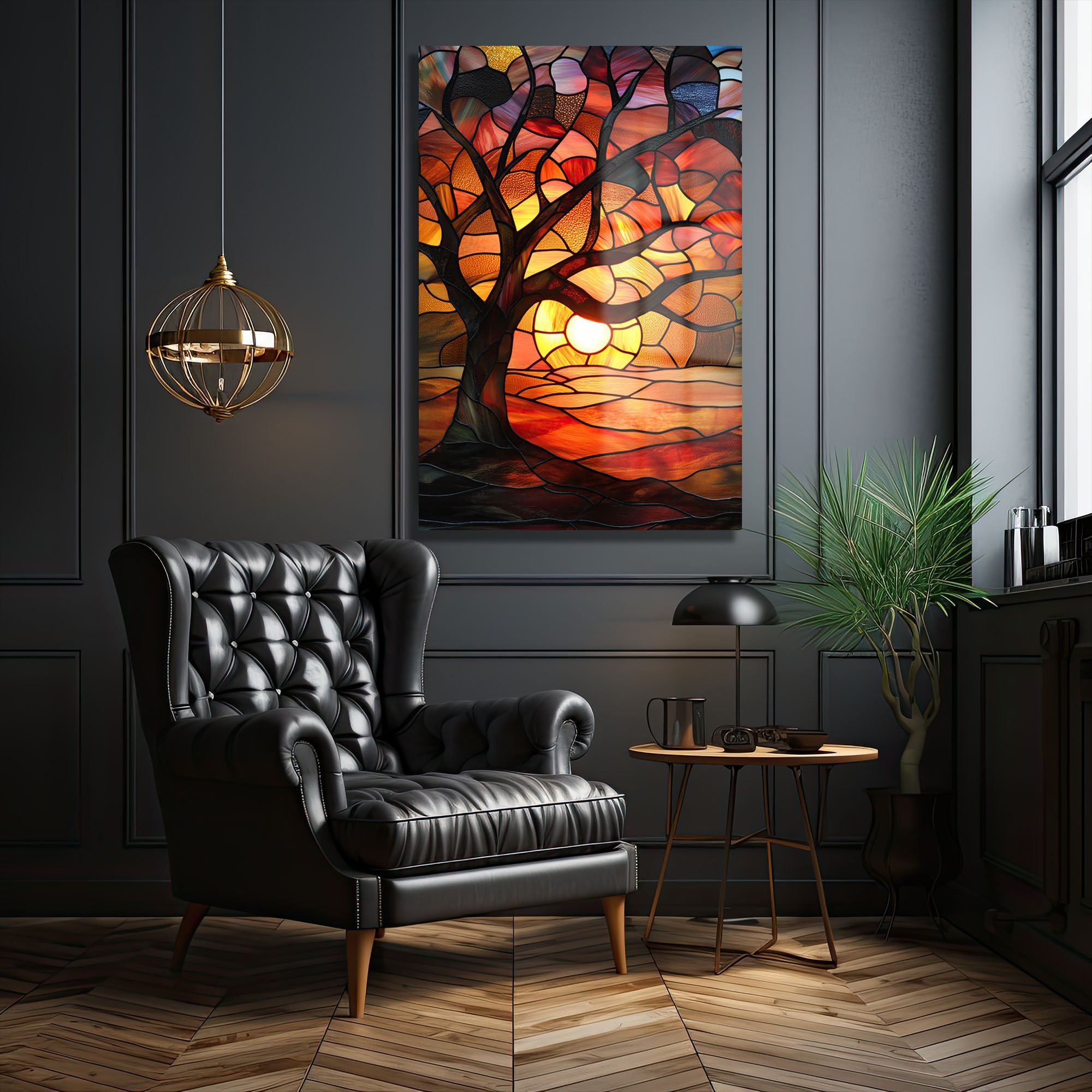 Gün Batımı Ağacı: Vitray Sanatı Temperli Cam Tablo Duvar Dekoru cam tablo, duvar sanatı, modern dekorasyon, soyut sanat, cam sanat eserleri, iç mekan dekorasyonu, ofis dekorasyonu, ev dekorasyonu, restoran dekorasyonu, cafe dekorasyonu, cam baskı, UV baskı, estetik duvar sanatı