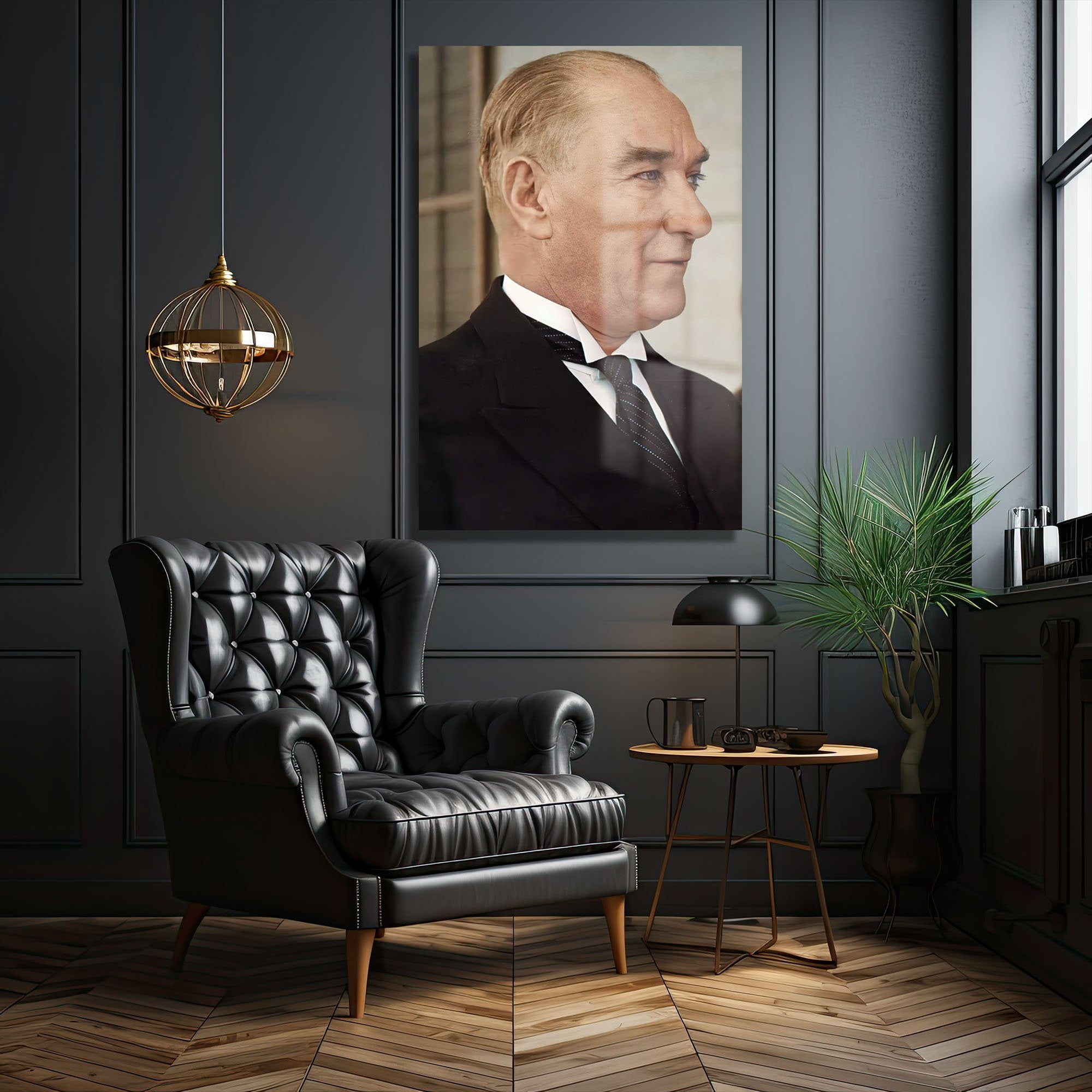 Ulu Önder Atatürk'ün Zamansız Bakışı: Temperli Cam Tablo Duvar Dekoru cam tablo, duvar sanatı, modern dekorasyon, soyut sanat, cam sanat eserleri, iç mekan dekorasyonu, ofis dekorasyonu, ev dekorasyonu, restoran dekorasyonu, cafe dekorasyonu, cam baskı, UV baskı, estetik duvar sanatı