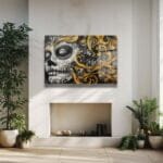 Altın Rüyalar Calavera: Modern Sanatsal Cam Tablo Duvar Dekoru cam tablo, duvar sanatı, modern dekorasyon, soyut sanat, cam sanat eserleri, iç mekan dekorasyonu, ofis dekorasyonu, ev dekorasyonu, restoran dekorasyonu, cafe dekorasyonu, cam baskı, UV baskı, estetik duvar sanatı