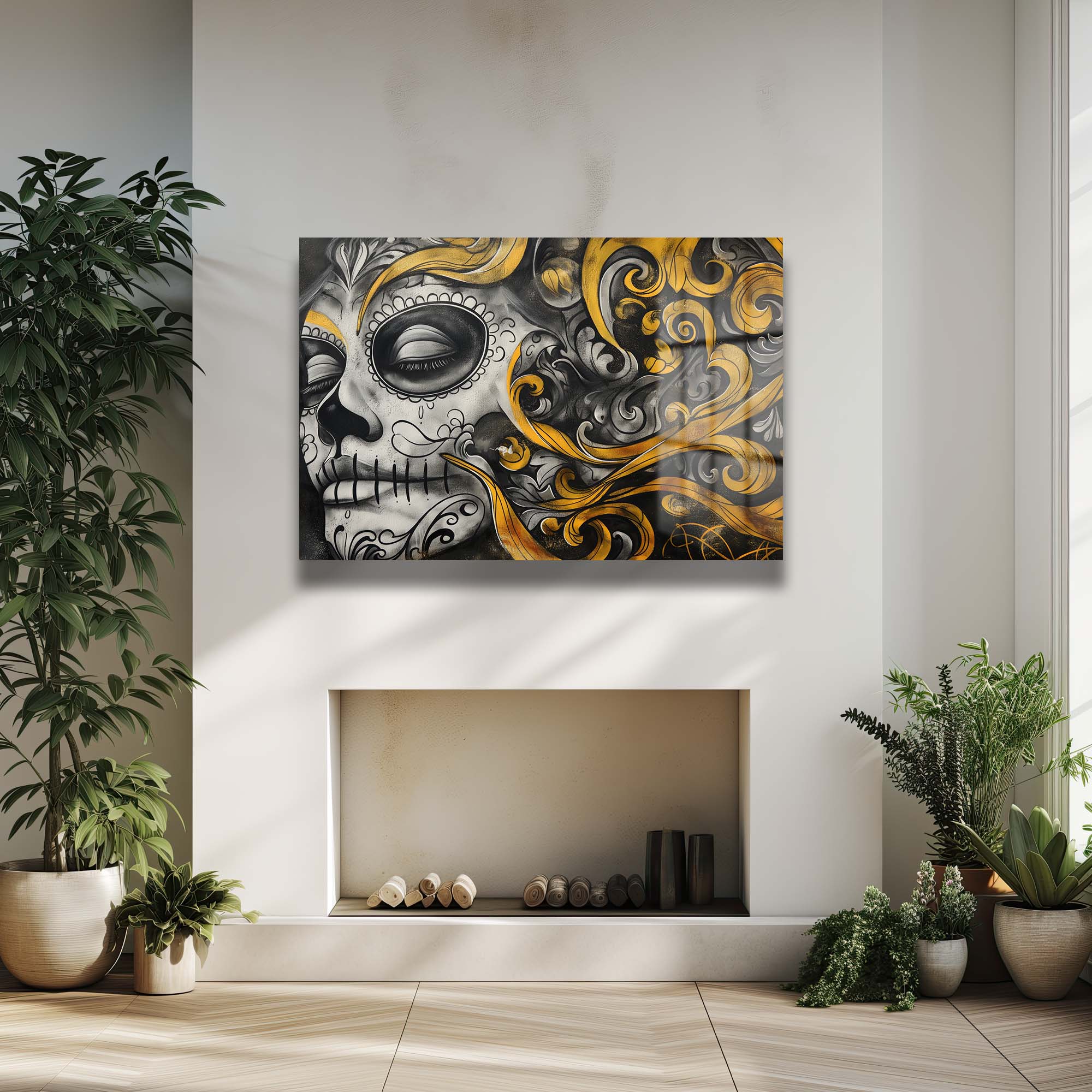 Altın Rüyalar Calavera: Modern Sanatsal Cam Tablo Duvar Dekoru cam tablo, duvar sanatı, modern dekorasyon, soyut sanat, cam sanat eserleri, iç mekan dekorasyonu, ofis dekorasyonu, ev dekorasyonu, restoran dekorasyonu, cafe dekorasyonu, cam baskı, UV baskı, estetik duvar sanatı
