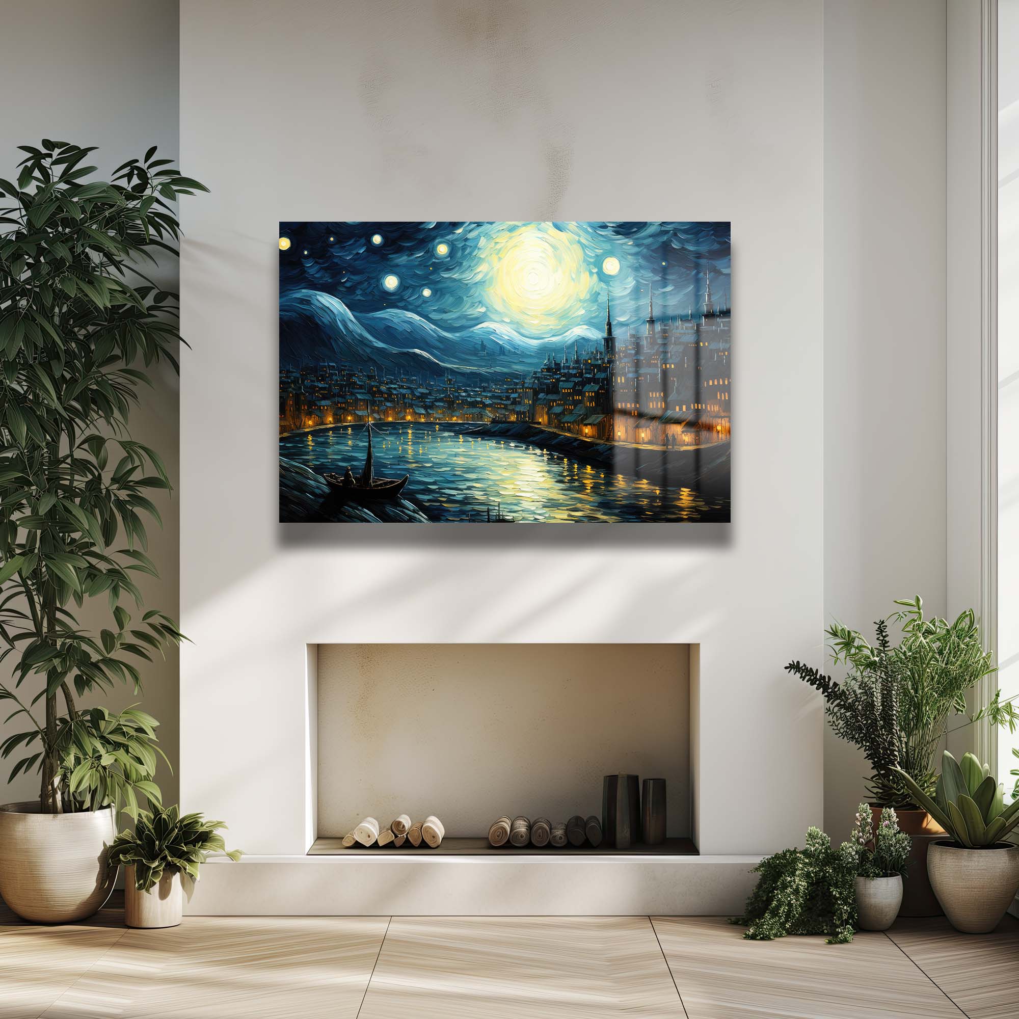 Van Gogh Tarzı Yıldızlı Gece Şehri: Büyüleyici Cam Tablo Duvar Dekoru cam tablo, duvar sanatı, modern dekorasyon, soyut sanat, cam sanat eserleri, iç mekan dekorasyonu, ofis dekorasyonu, ev dekorasyonu, restoran dekorasyonu, cafe dekorasyonu, cam baskı, UV baskı, estetik duvar sanatı