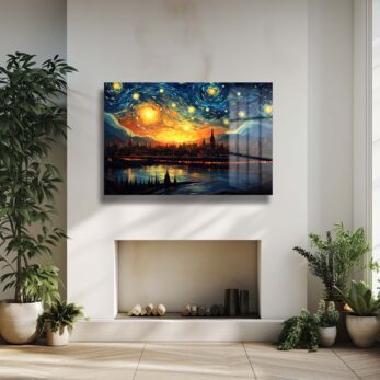 Yıldızlı Şehir Gecesi: Van Gogh Esintili Dekoratif Cam Tablo - Glazella Yıldızlı Şehir Gecesi: Van Gogh Esintili Dekoratif Cam Tablo - Glazella