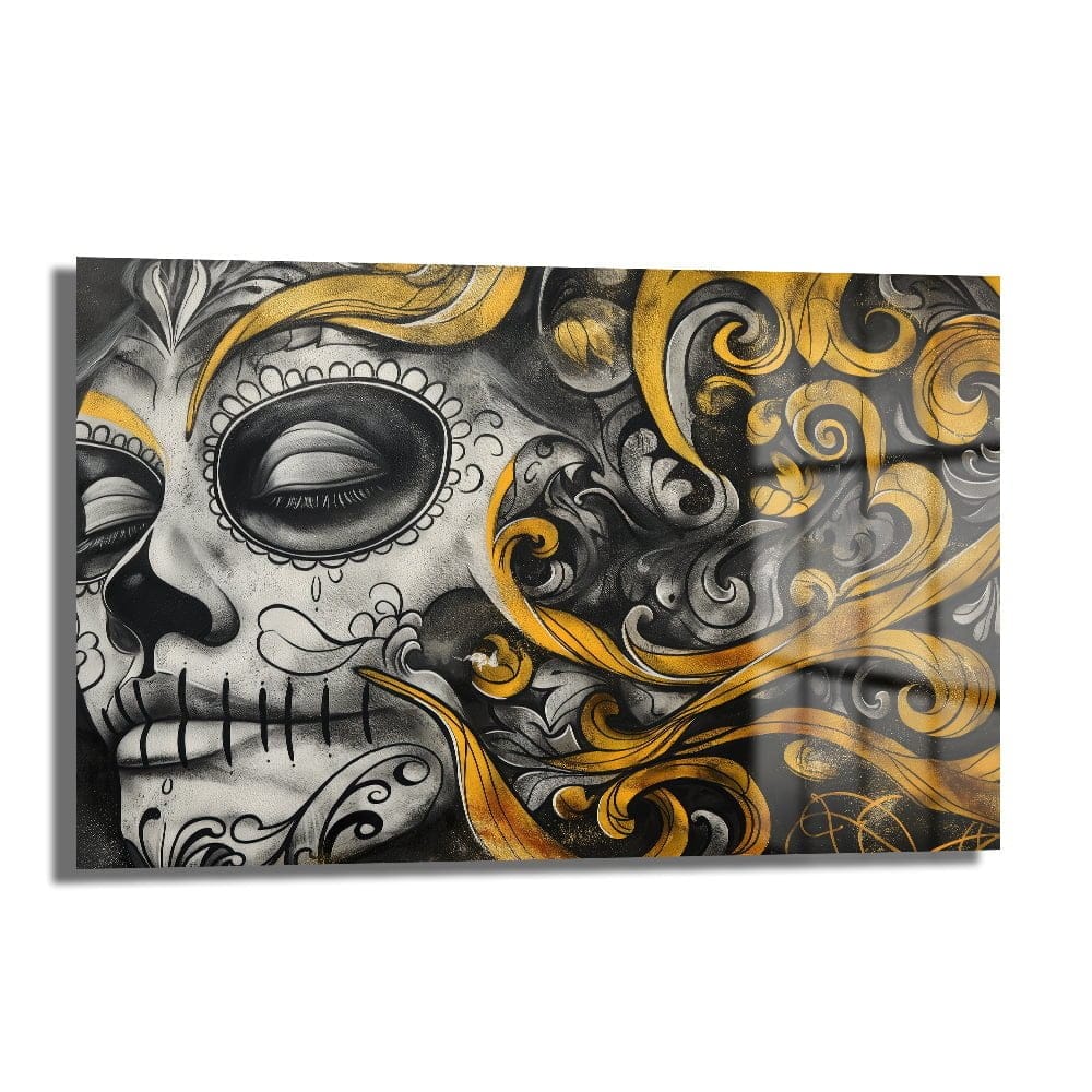 Altın Rüyalar Calavera: Modern Sanatsal Cam Tablo Duvar Dekoru cam tablo, duvar sanatı, modern dekorasyon, soyut sanat, cam sanat eserleri, iç mekan dekorasyonu, ofis dekorasyonu, ev dekorasyonu, restoran dekorasyonu, cafe dekorasyonu, cam baskı, UV baskı, estetik duvar sanatı
